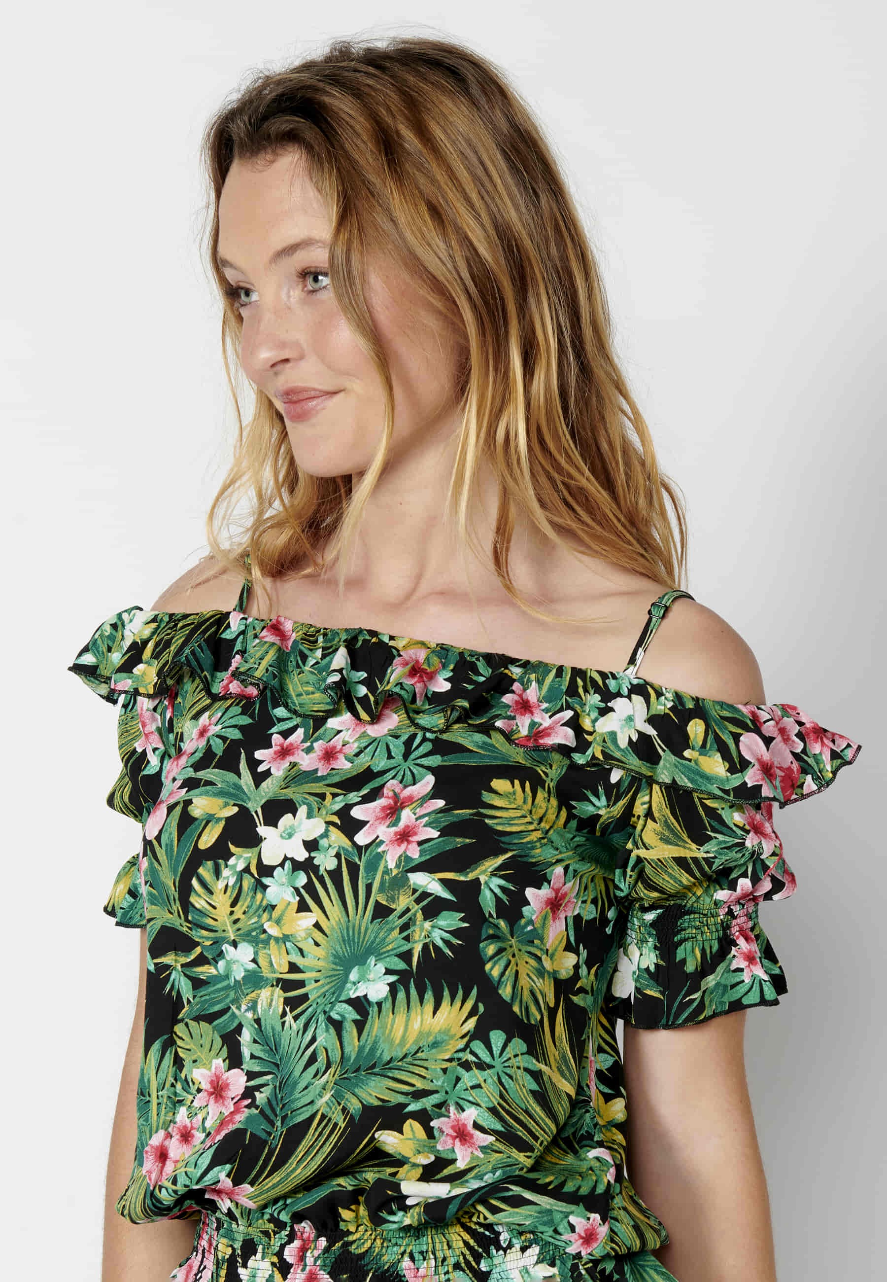 Mehrfarbige Kurzarmbluse mit tropischem Print für Damen