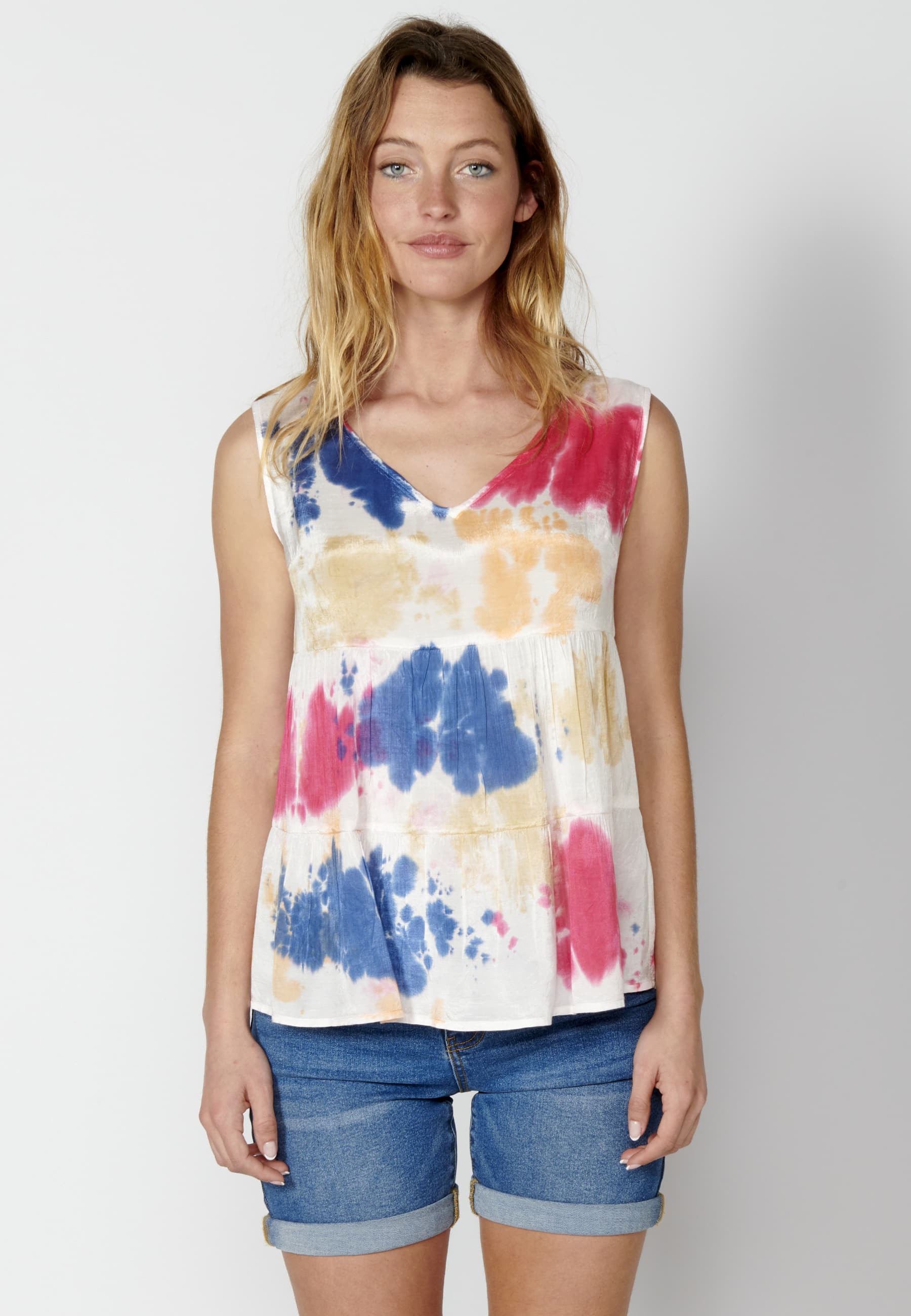 Sleeveless blouse with V-neck and Multicolor print for Woman