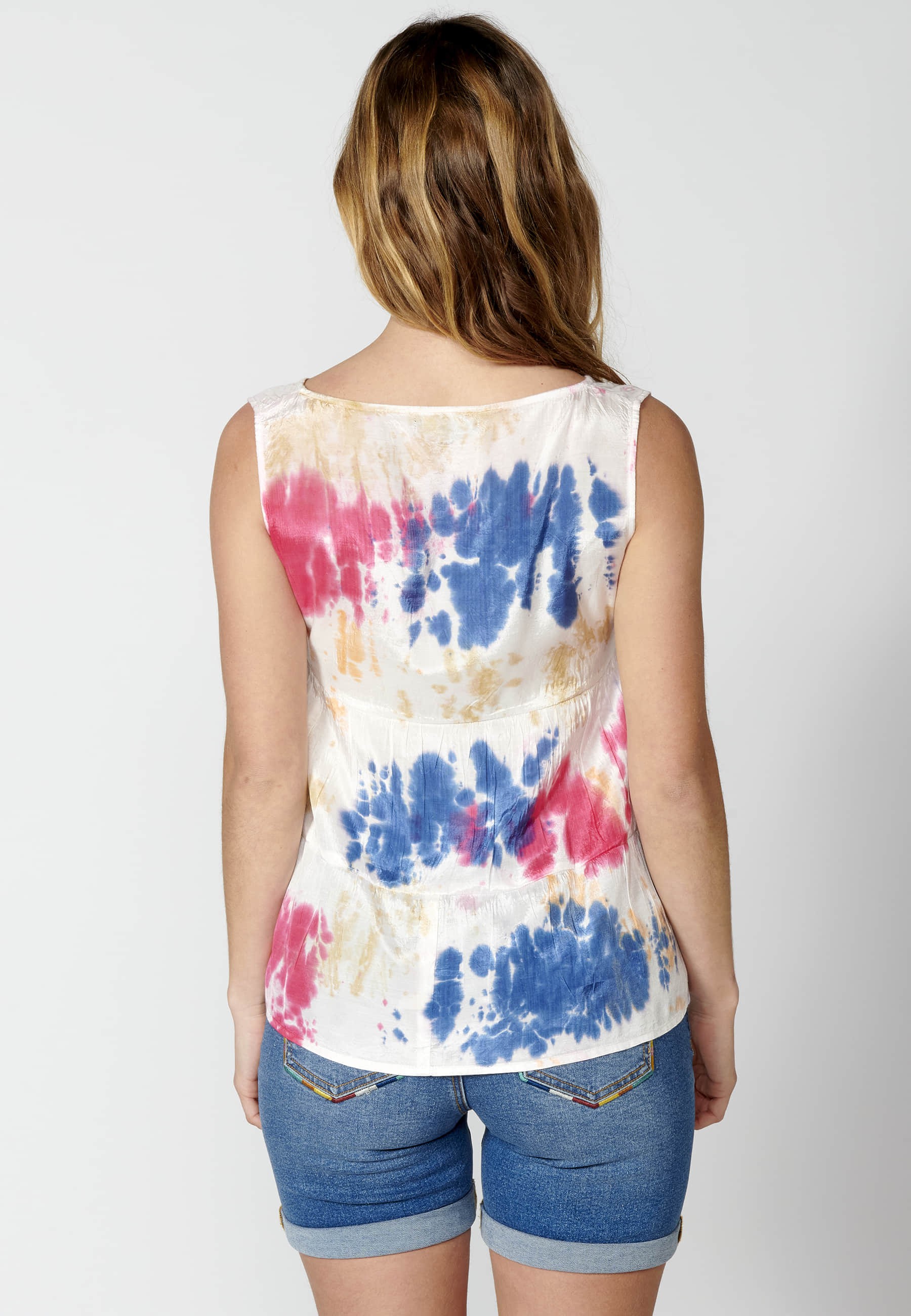 Sleeveless blouse with V-neck and Multicolor print for Woman