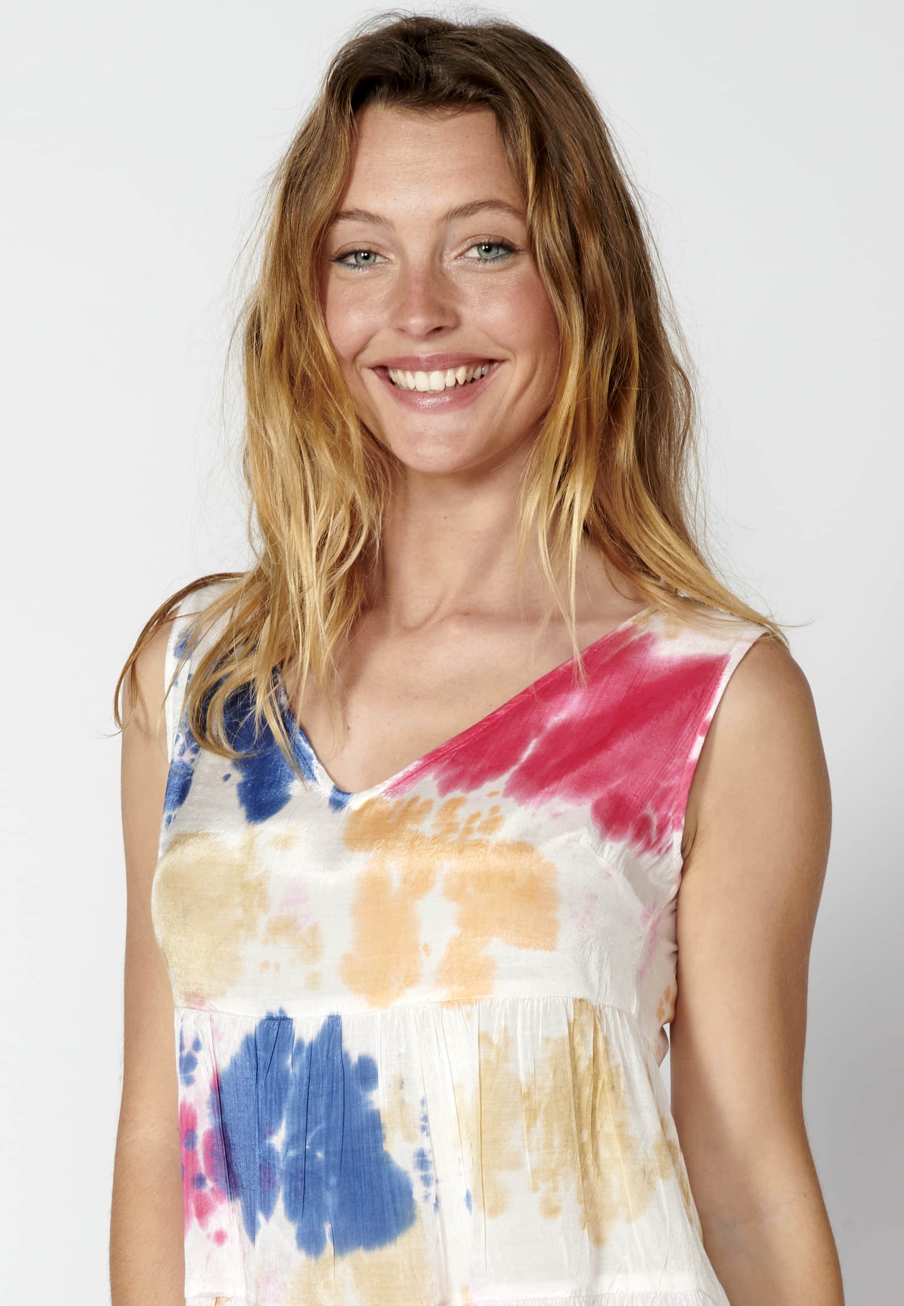 Ärmellose Bluse mit V-Ausschnitt und Multicolor-Print für Damen