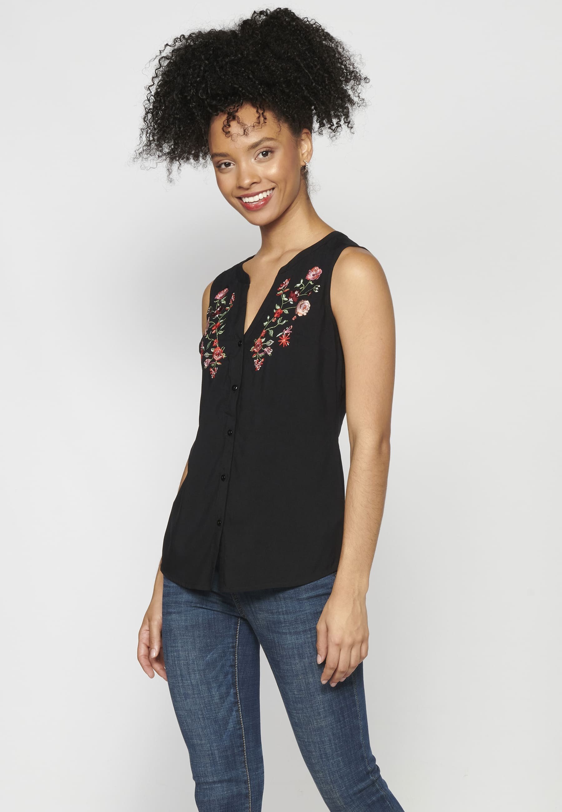 Sleeveless Blouse with Black Floral Embroidery for Women