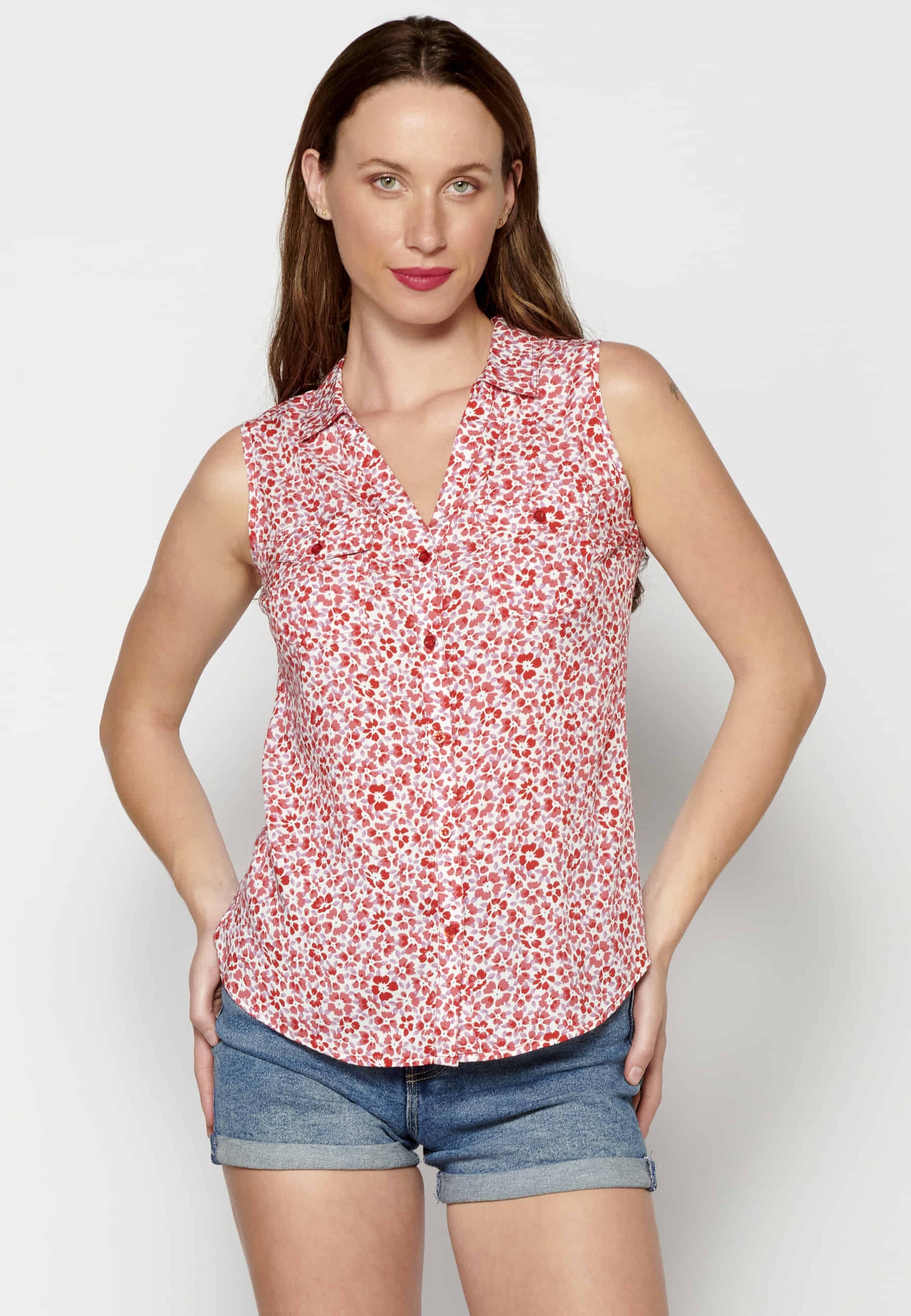 Red Floral Print Sleeveless Blouse for Women