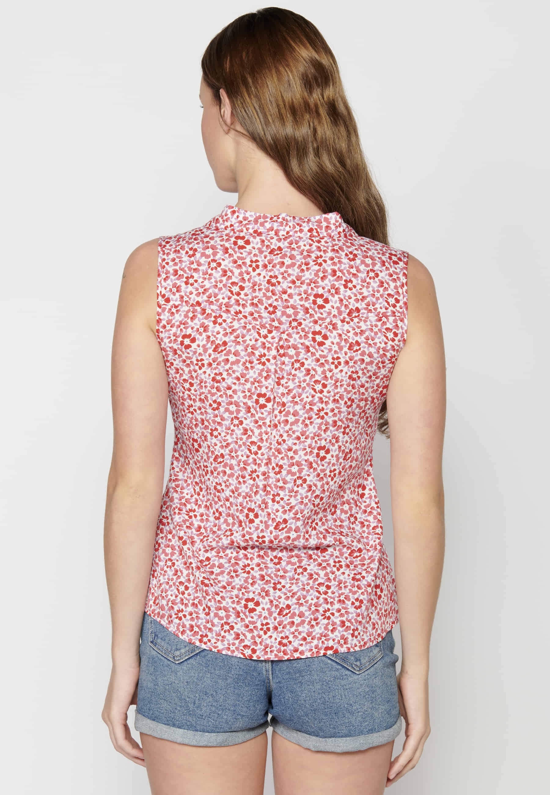Red Floral Print Sleeveless Blouse for Women