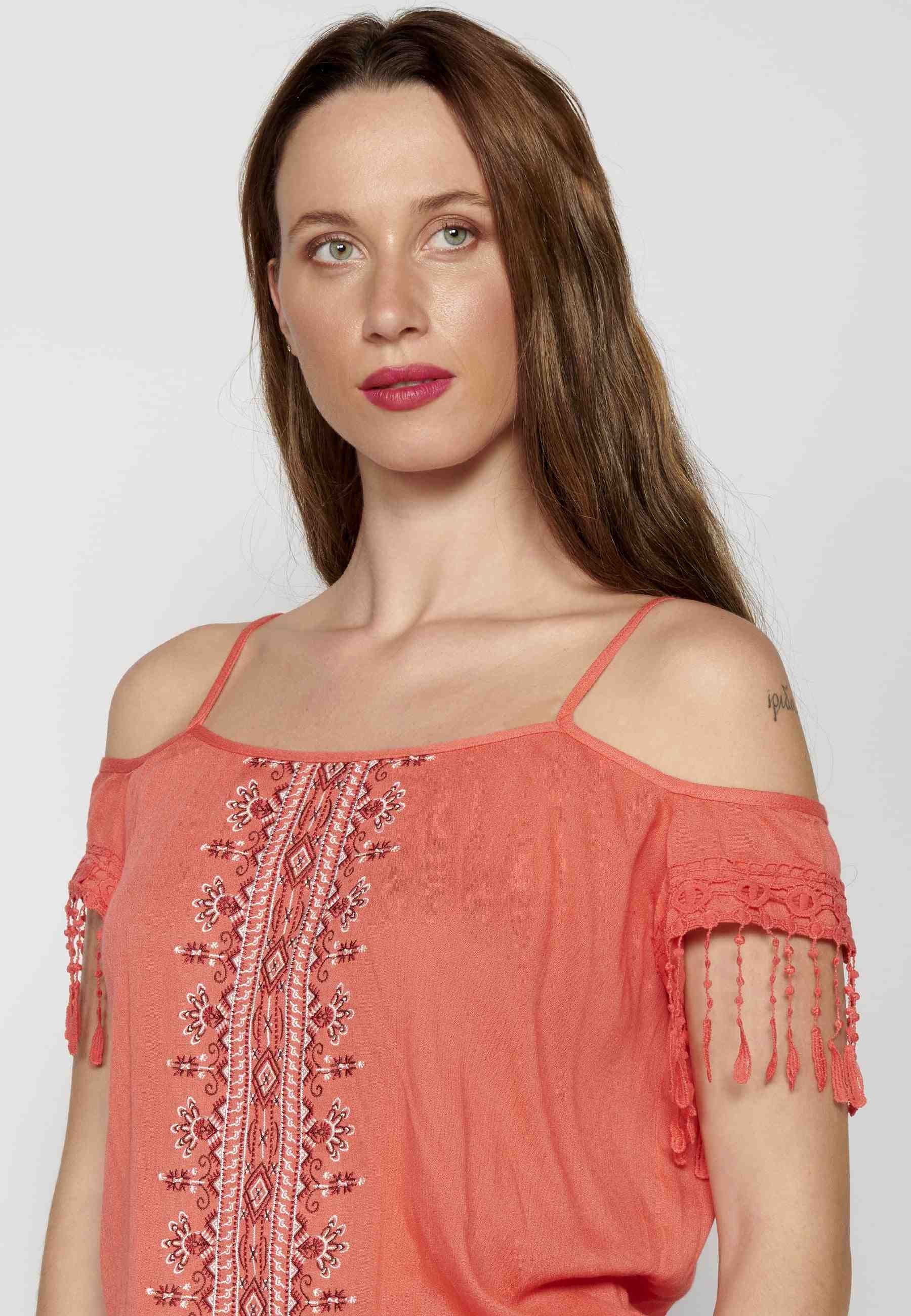 Blouse with straps ethnic style Coral color for Women