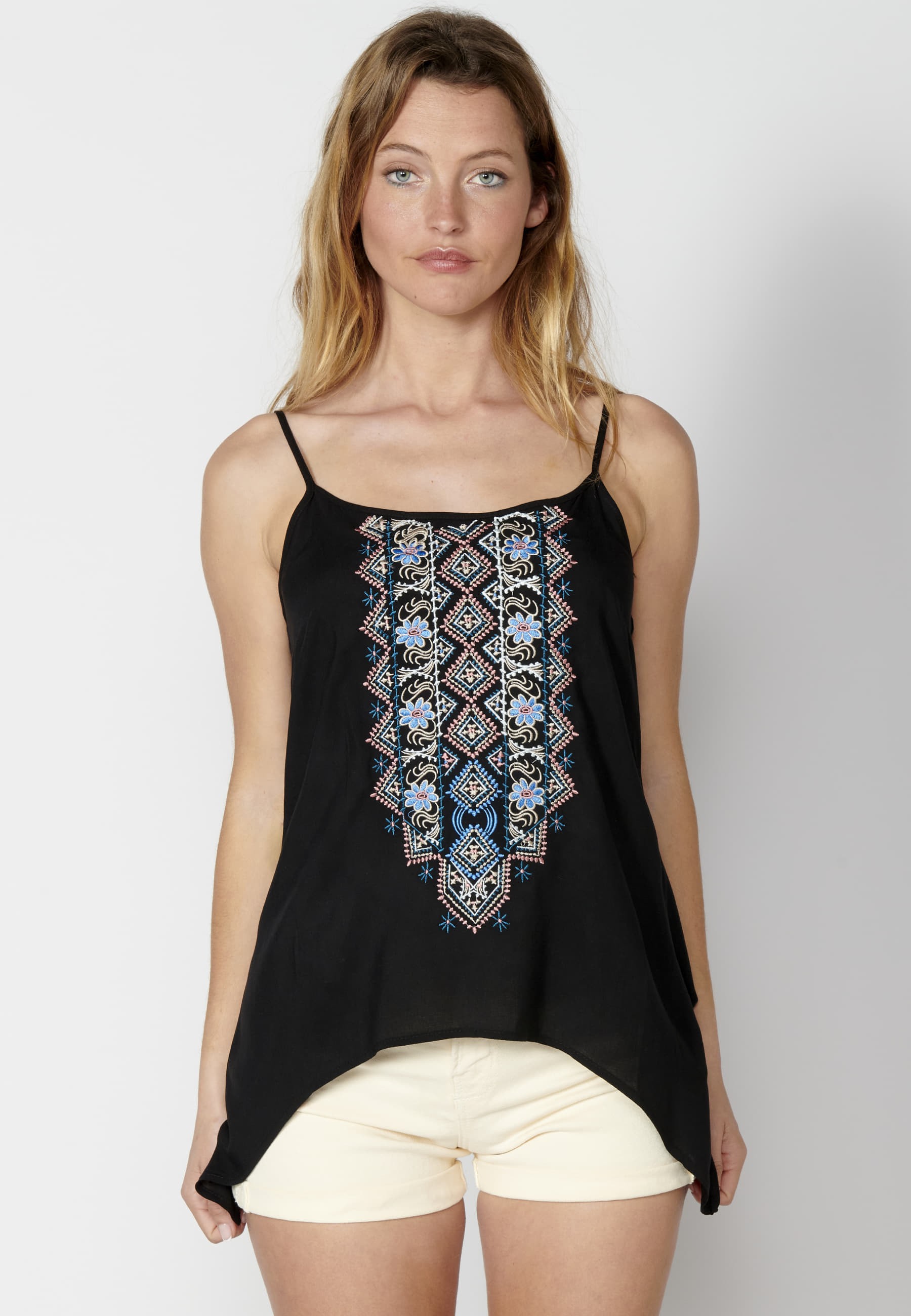 Blouse with adjustable straps with ethnic embroidered detail in Black color for Woman