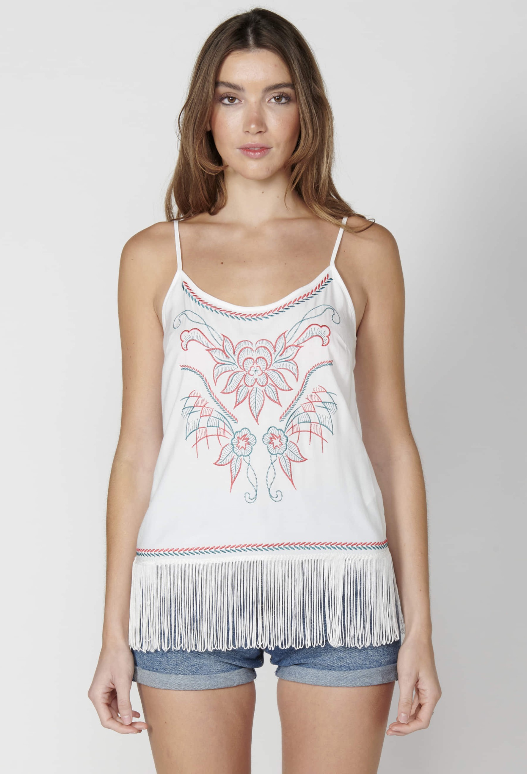White strappy blouse with floral embroidery detail for Woman