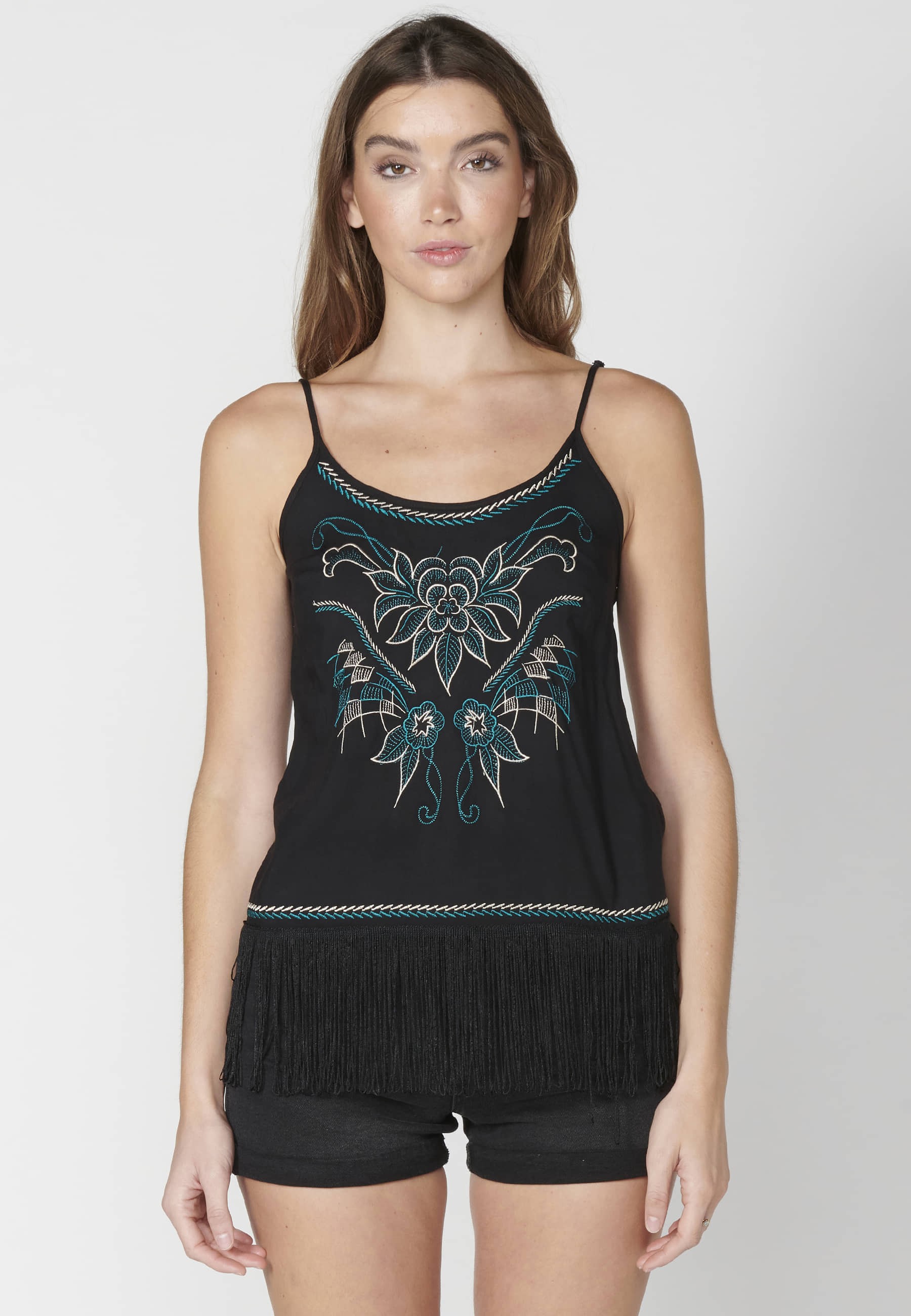 Black strappy blouse with floral embroidery detail for Woman