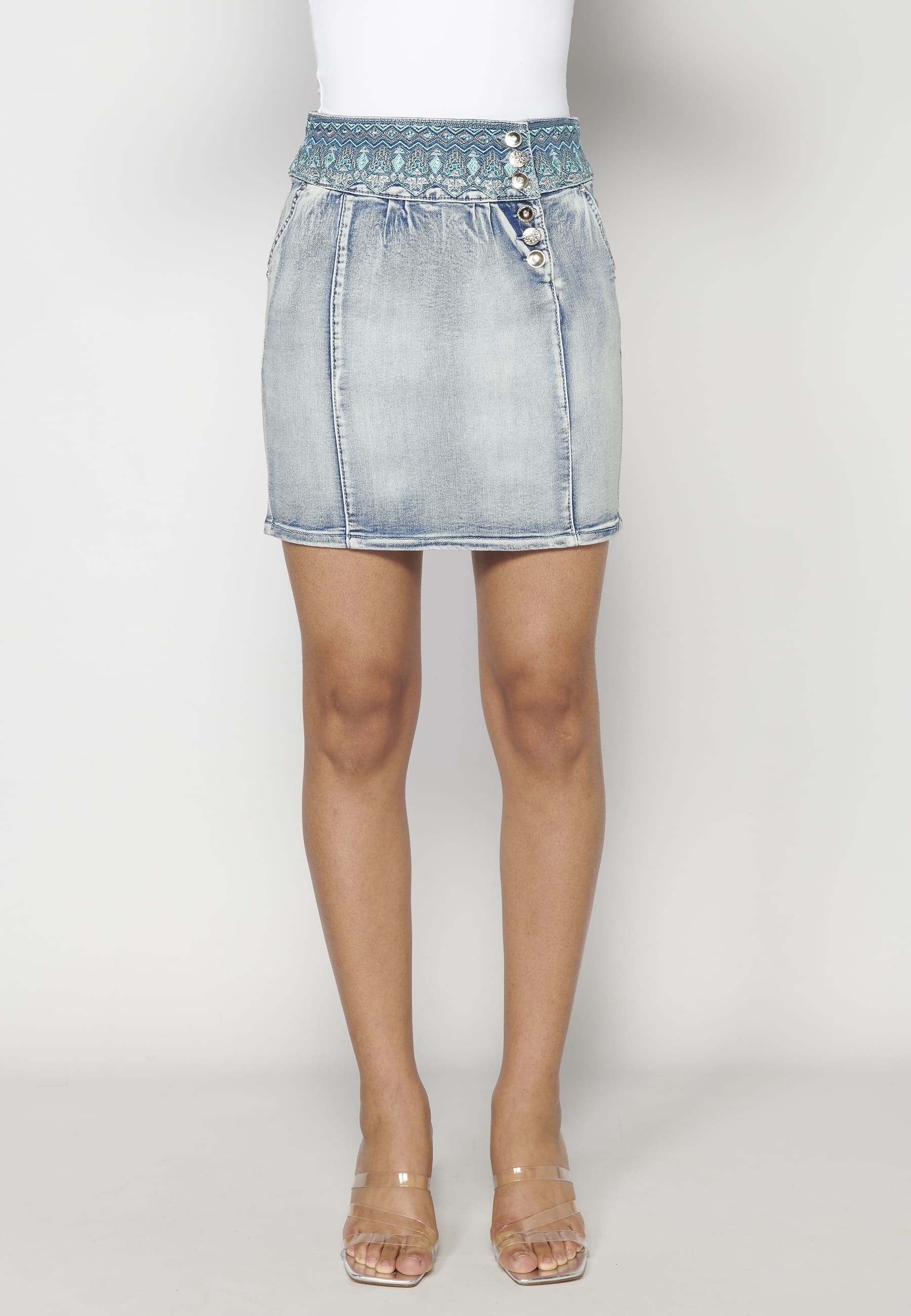 Blue short denim skirt with embroidered details for Woman