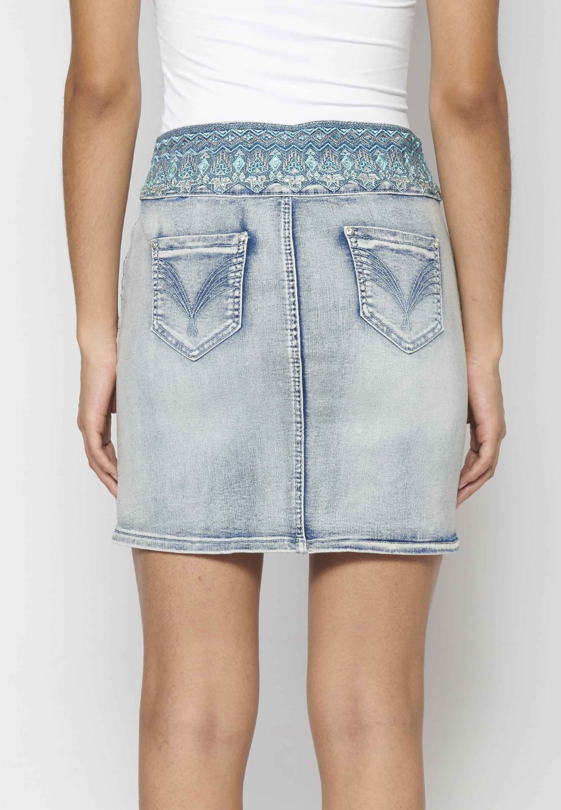 Blue short denim skirt with embroidered details for Woman