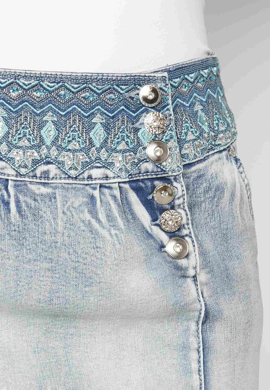 Blue short denim skirt with embroidered details for Woman 7