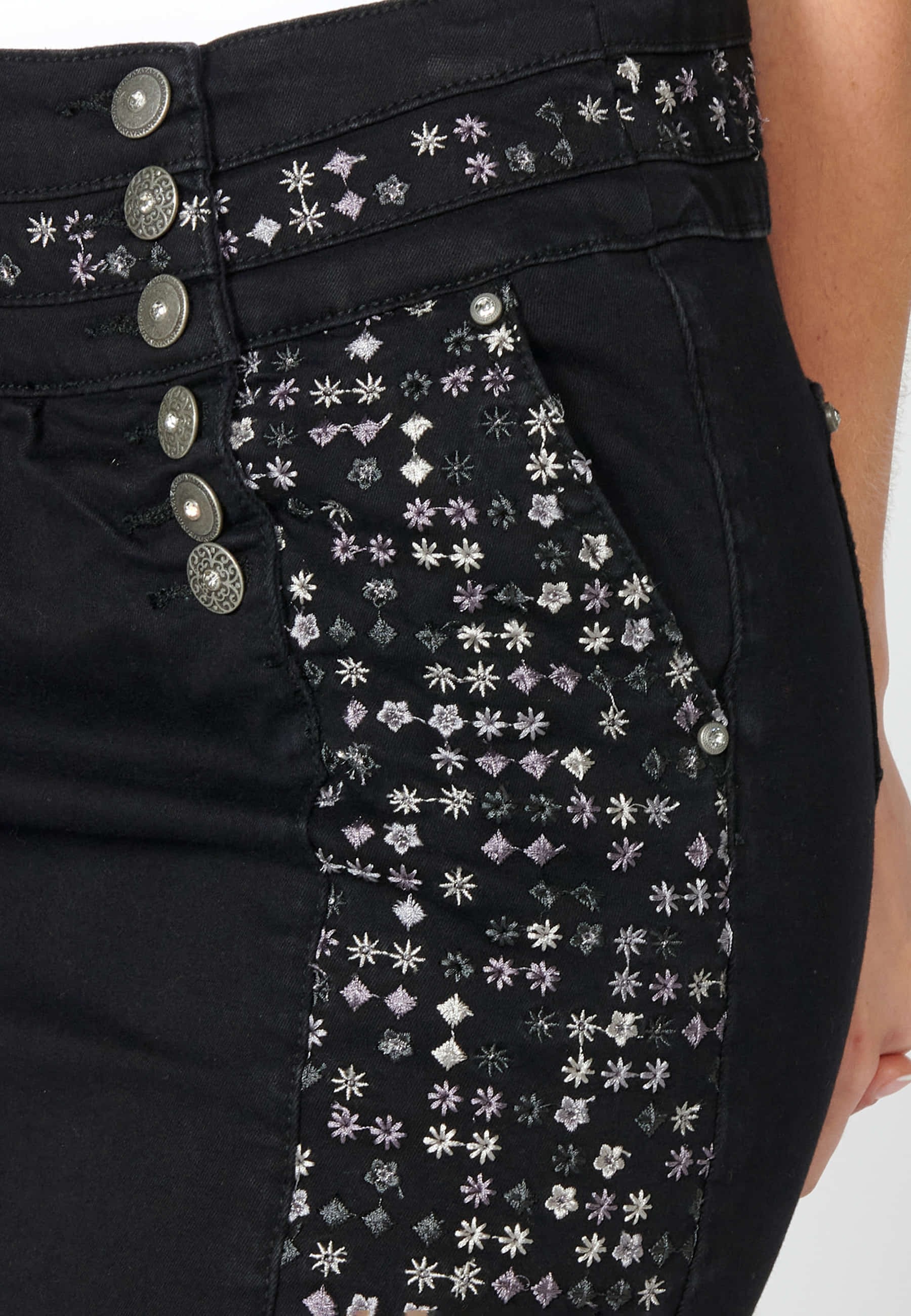 Short denim skirt with black floral details for Woman