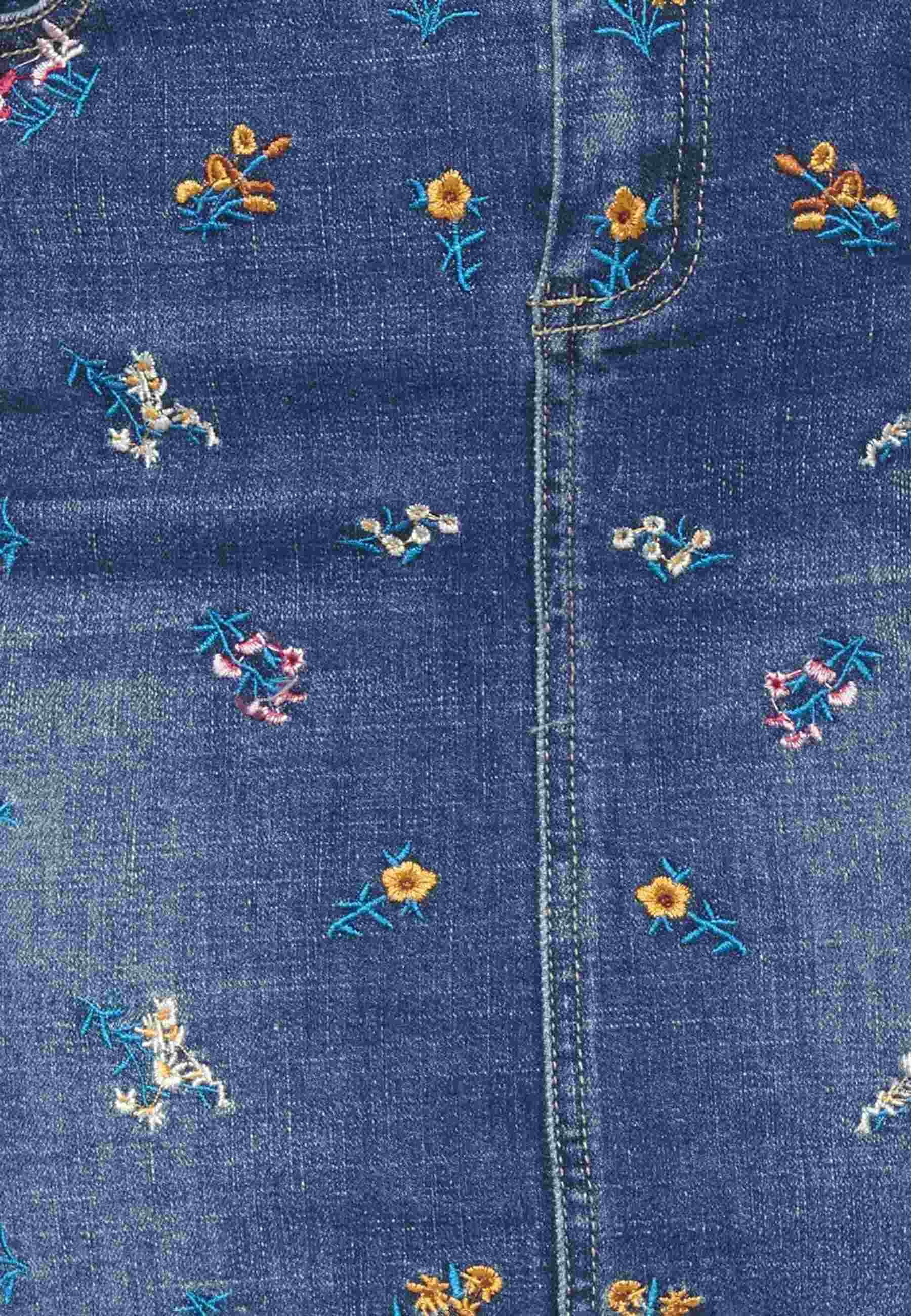 Blue short denim skirt with floral embroidery for Woman