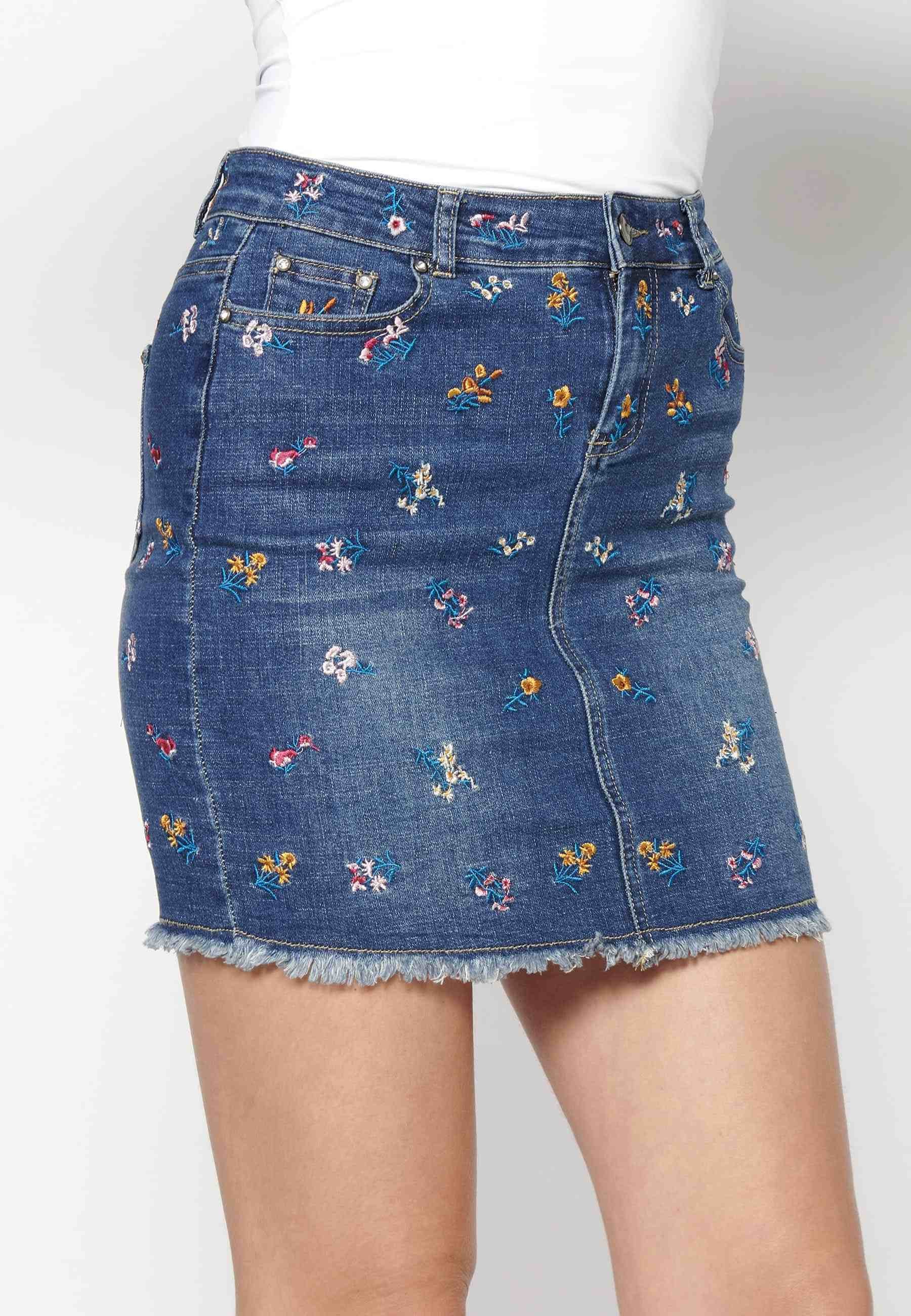 Blue short denim skirt with floral embroidery for Woman