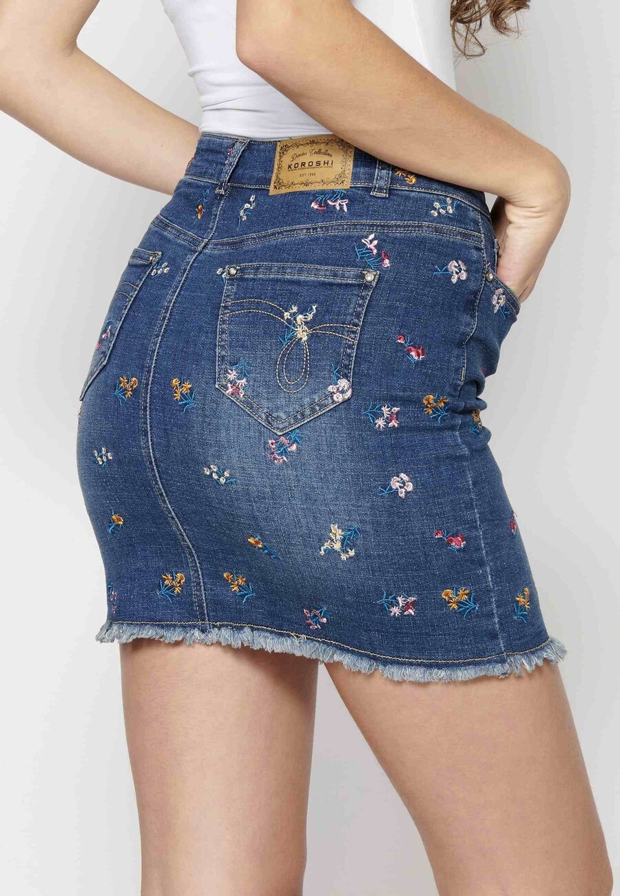 Blue short denim skirt with floral embroidery for Woman 7