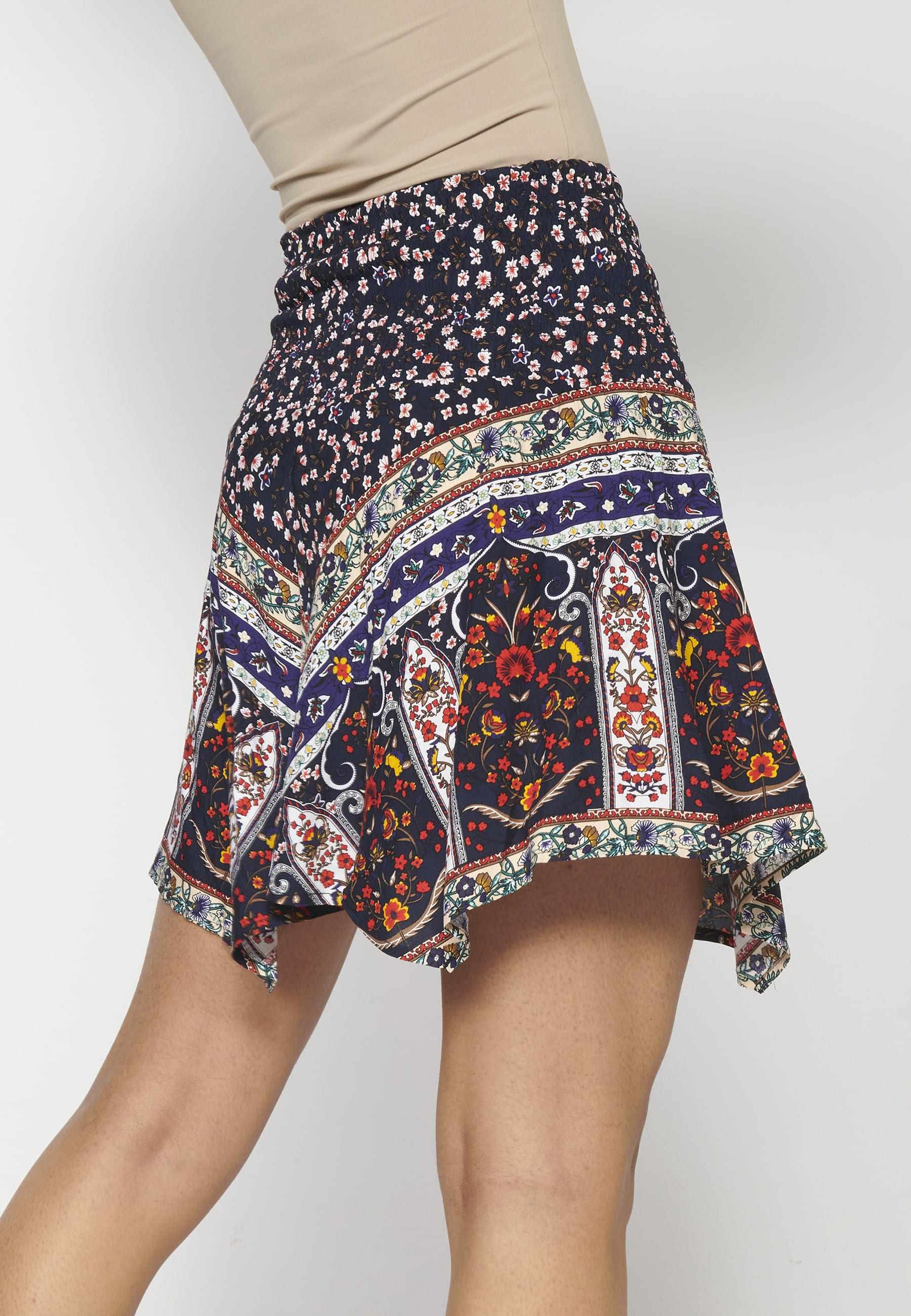 Short asymmetrical skirt with ethnic print in Navy color for Woman