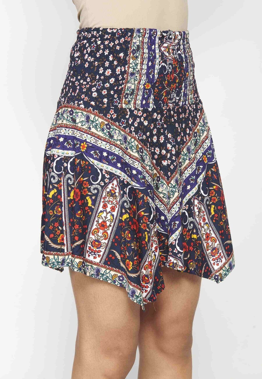 Short asymmetrical skirt with ethnic print in Navy color for Woman 6