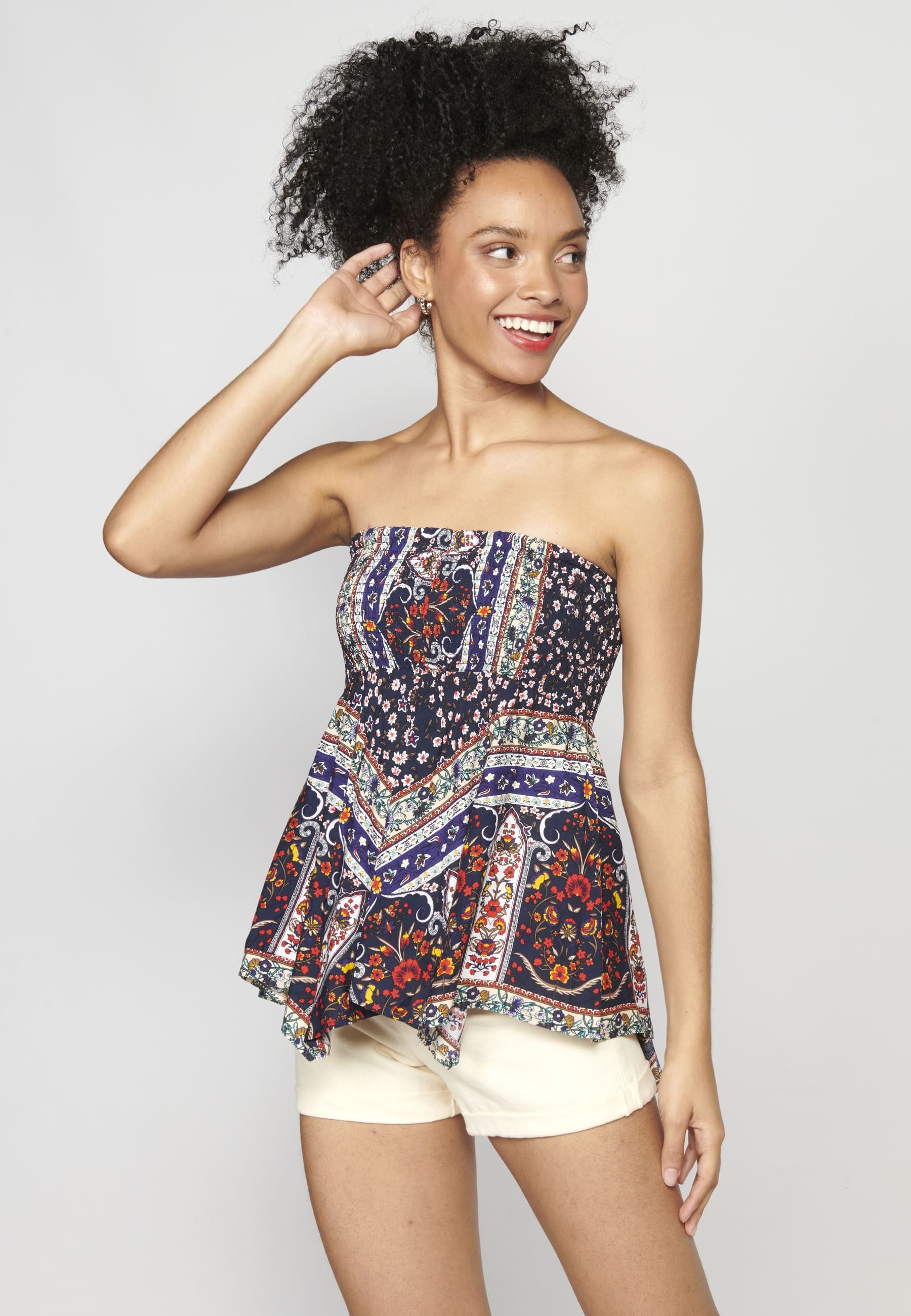 Falda corta asimétrica con estampado étnico color Navy para Mujer