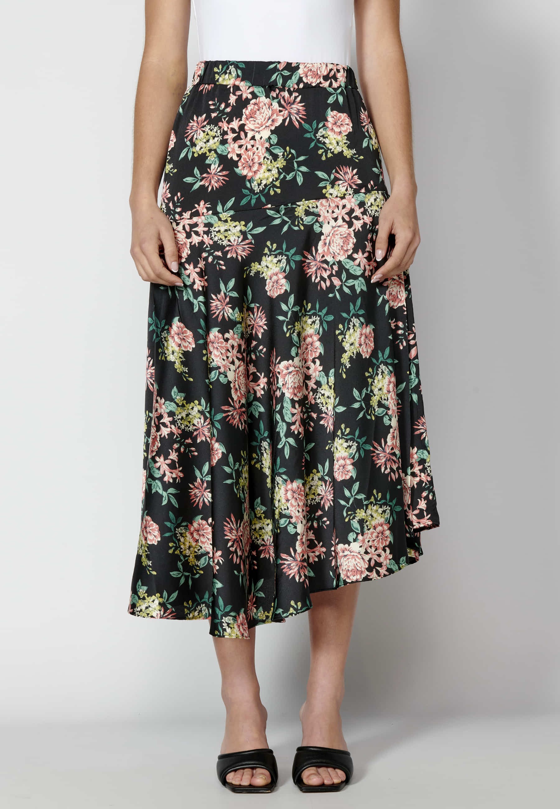 Black floral print long skirt for Woman