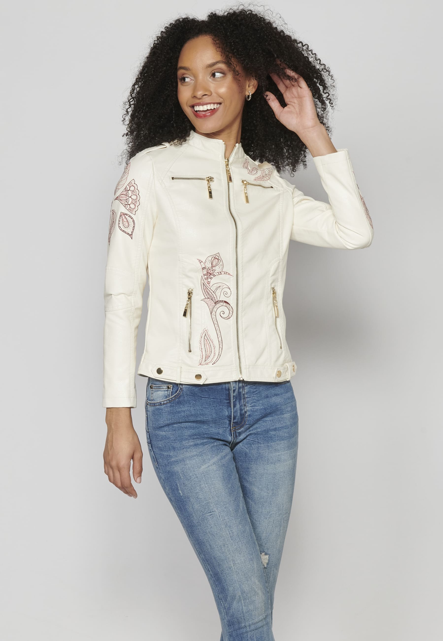 Women's leather-effect jacket with embroidered details