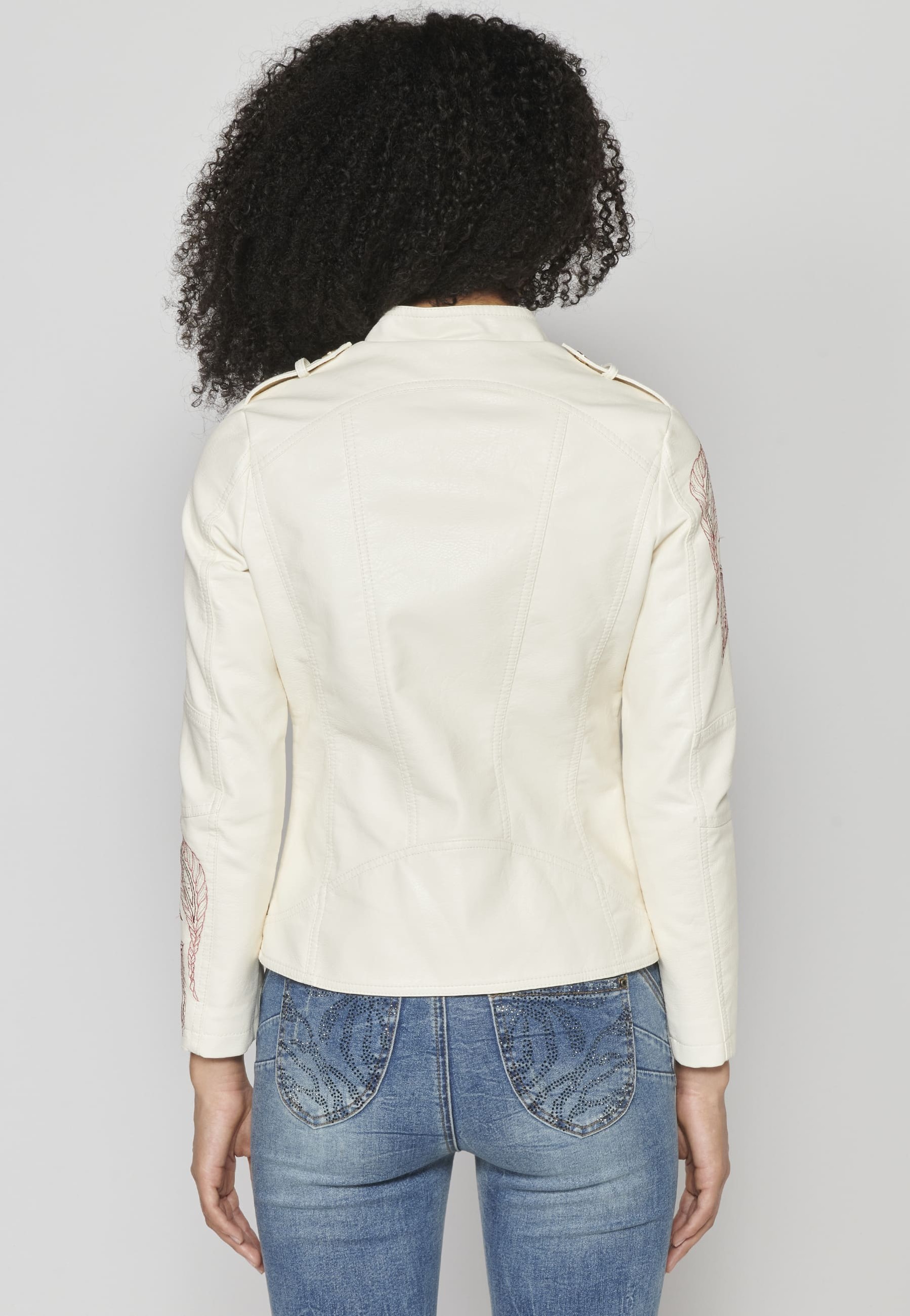 Women's leather-effect jacket with embroidered details