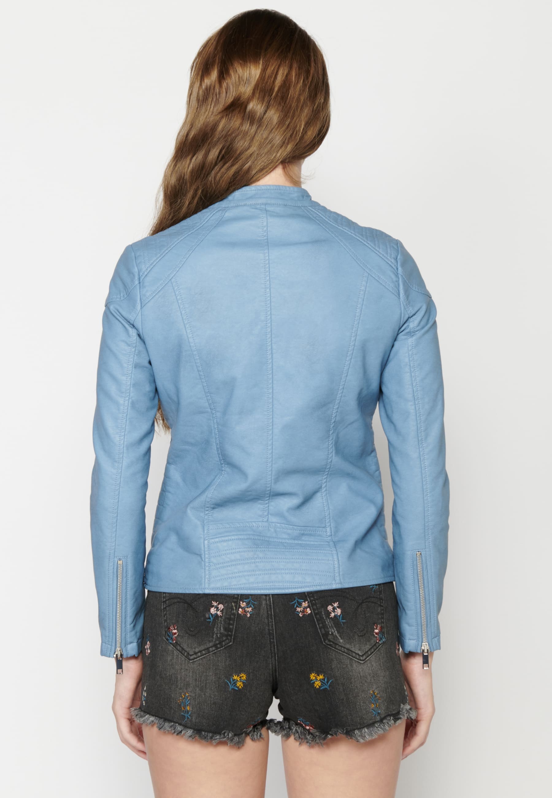 Synthetic leather jacket for women with mandarin collar