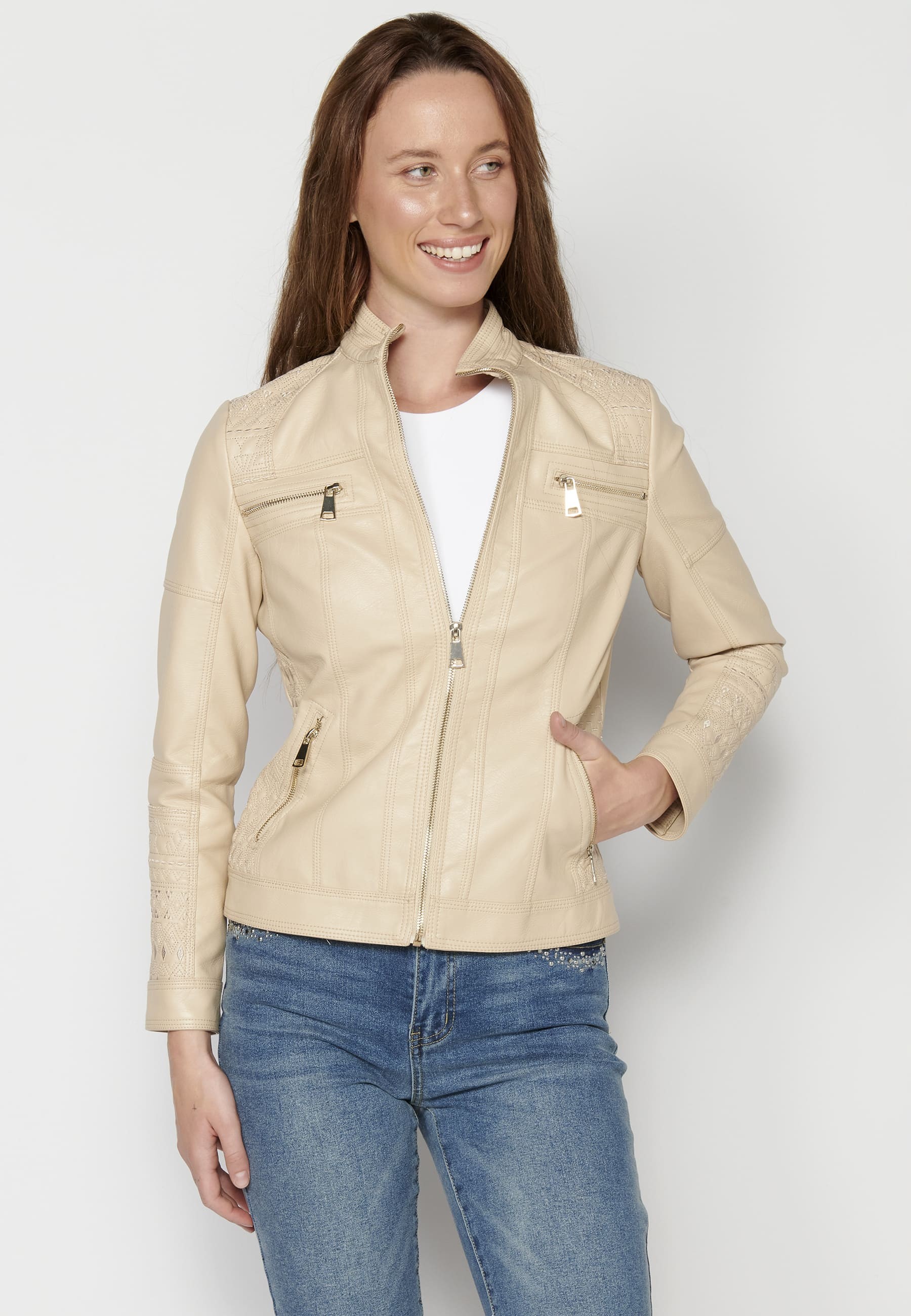 Synthetic leather jacket with details on shoulders Ecru color for Woman