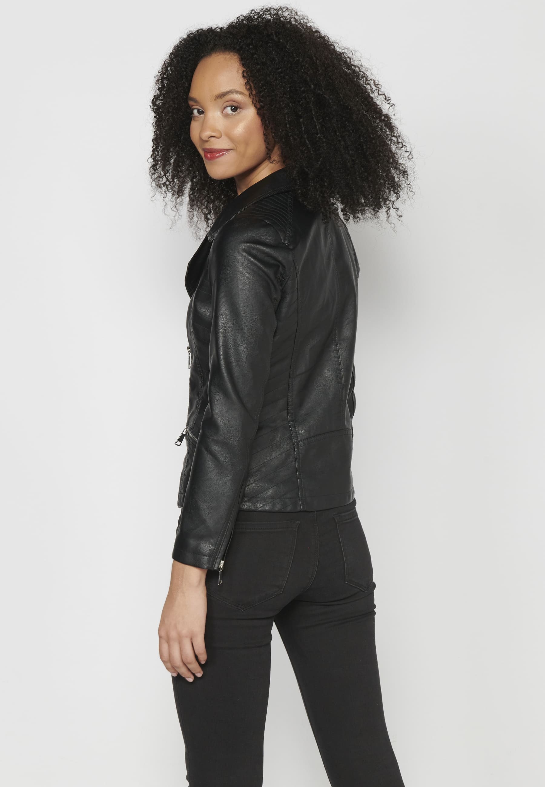 Black Synthetic Leather Jacket for Women