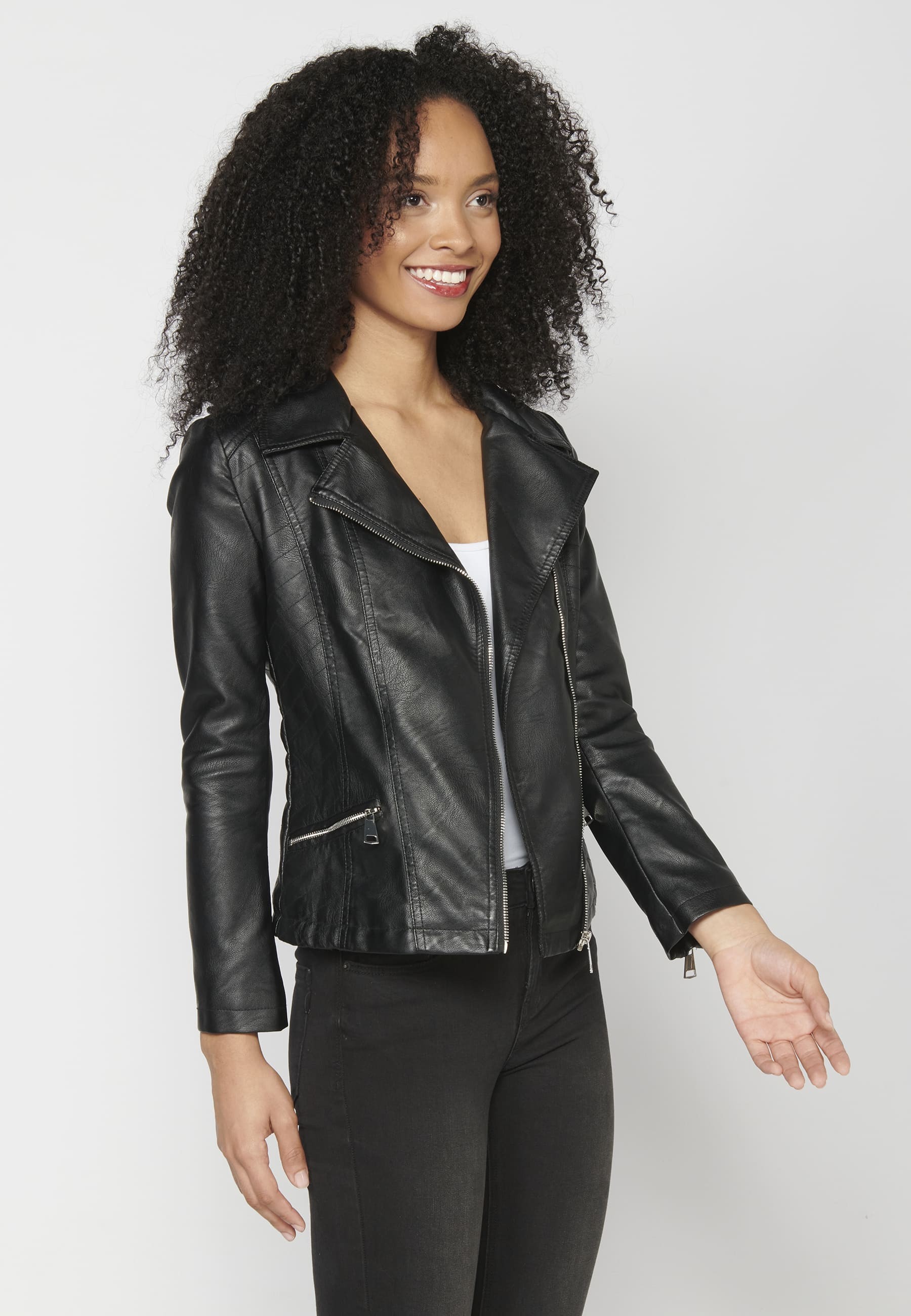 Black Synthetic Leather Jacket for Women