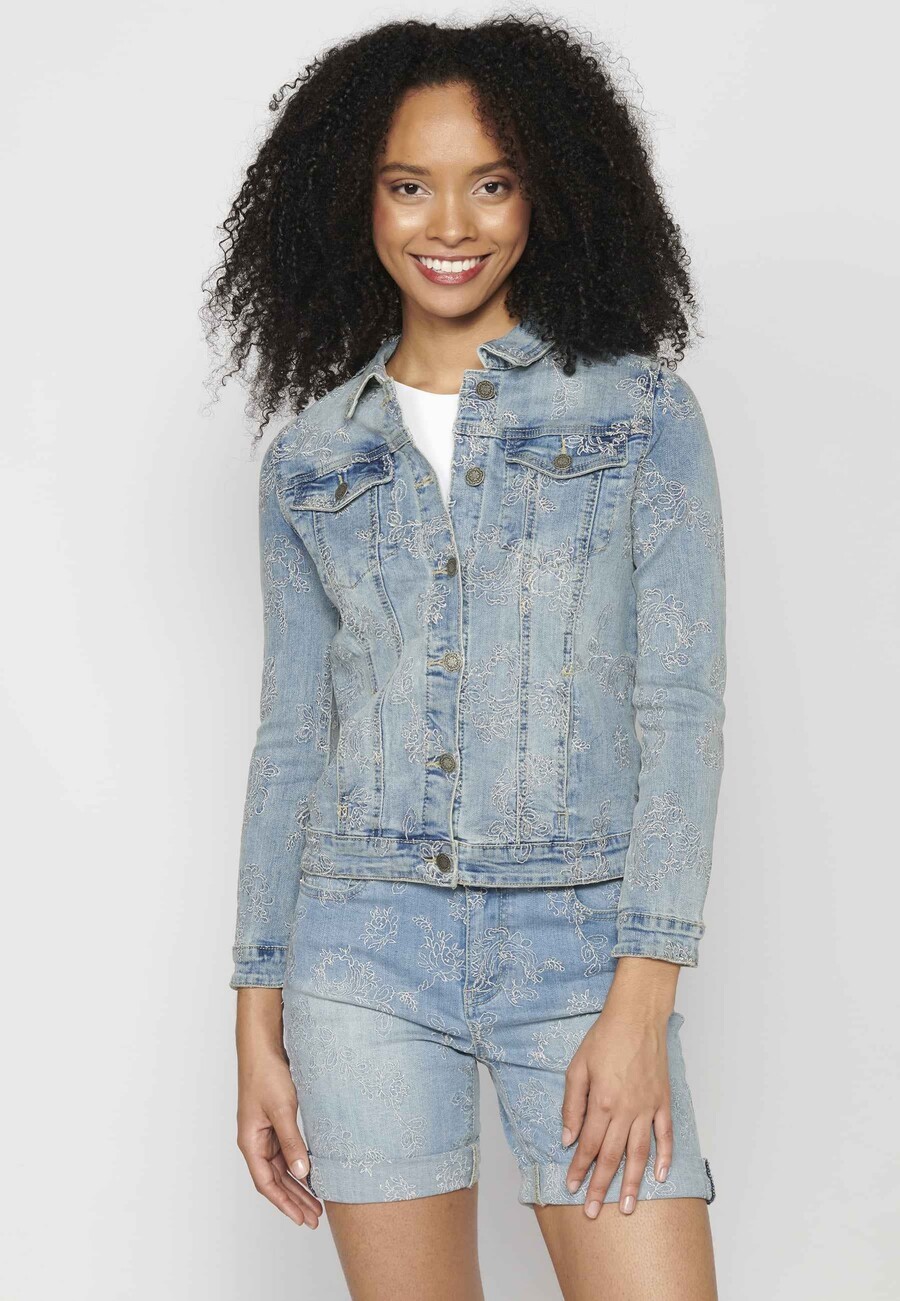 Blue denim denim jacket with floral embroidery for Woman