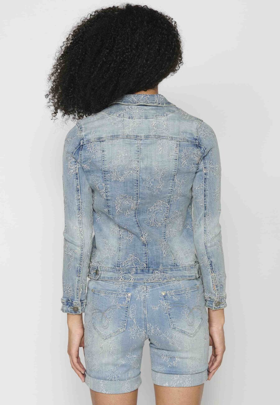 Blaue Jeansjacke mit Blumenstickerei für Damen 5