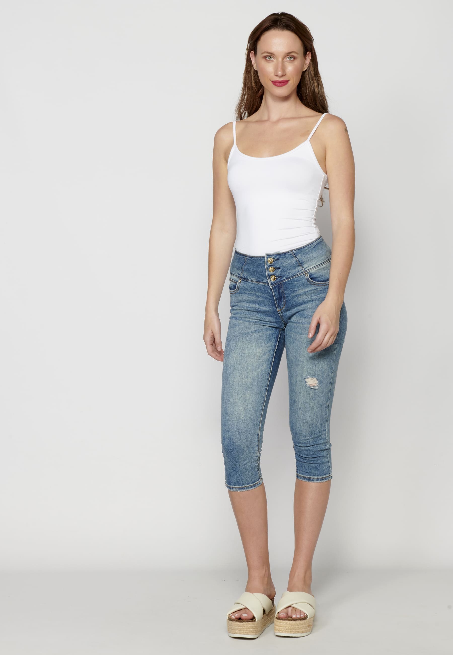 Blaue schmal geschnittene Jeans-Piratenhose für Damen