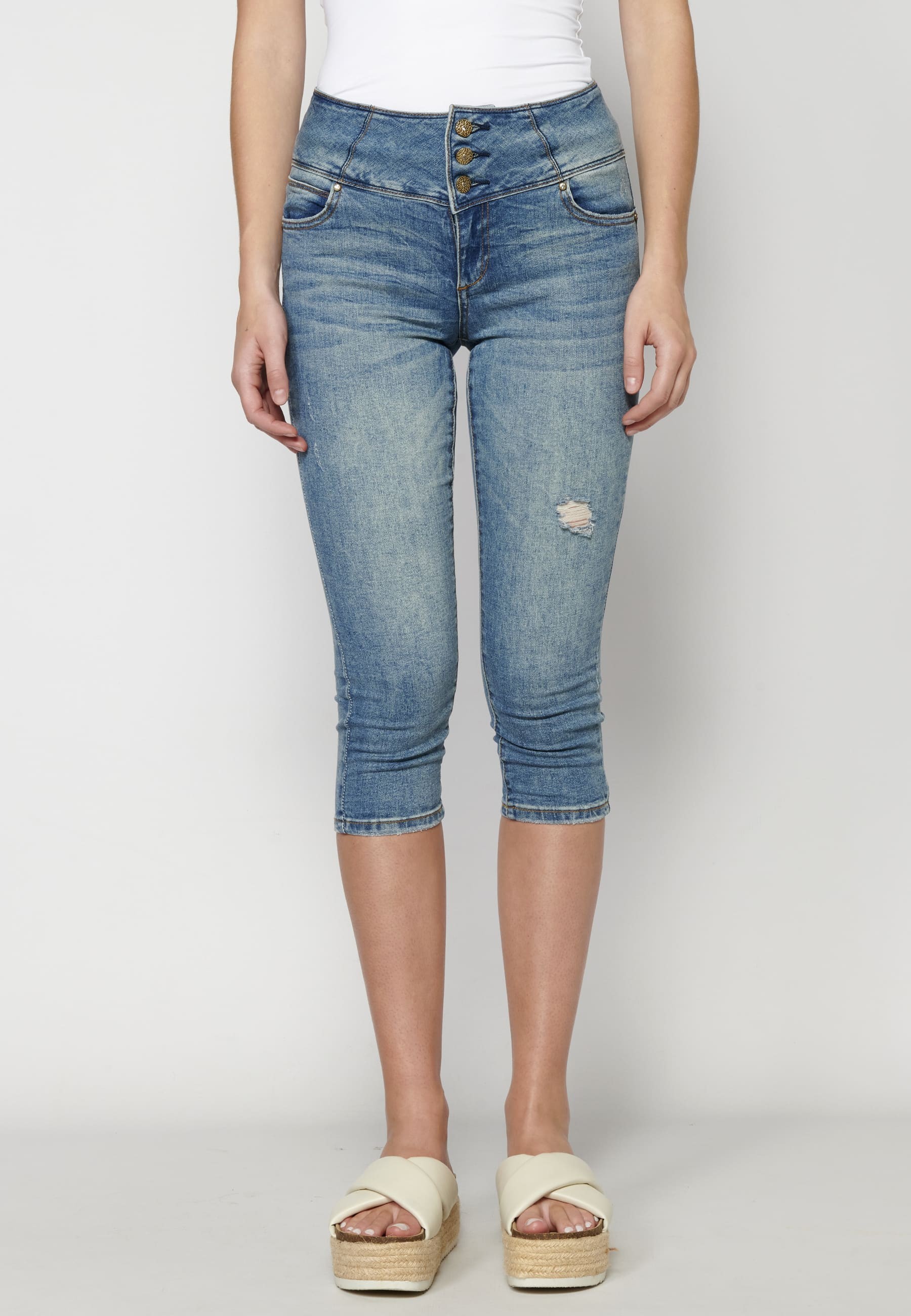 Blaue schmal geschnittene Jeans-Piratenhose für Damen