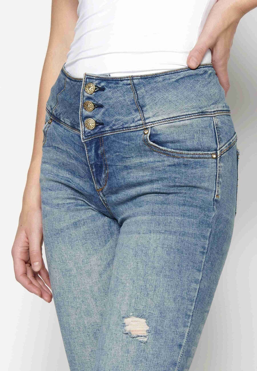Blaue schmal geschnittene Jeans-Piratenhose für Damen 7