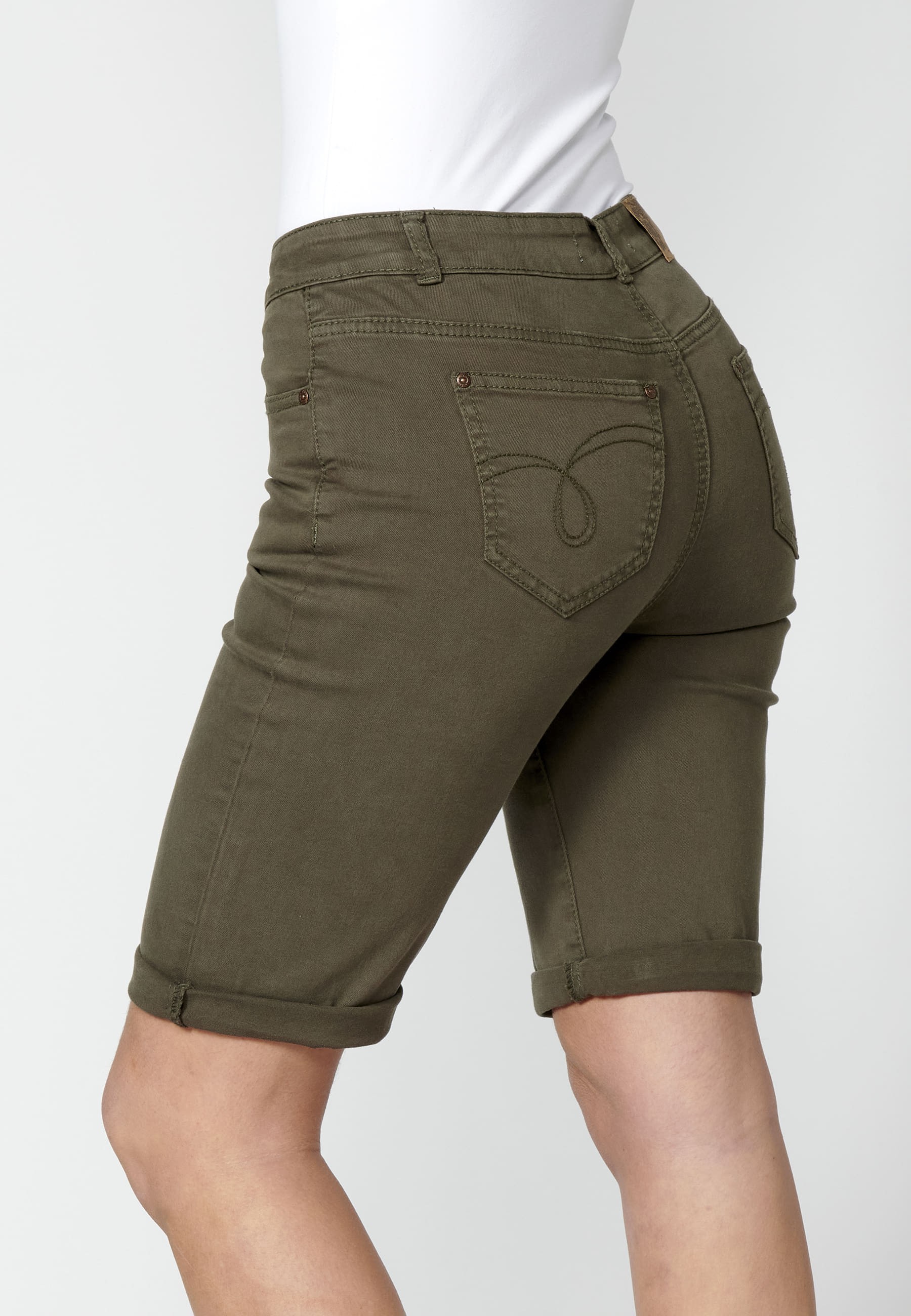Khaki floral embroidered shorts for Women