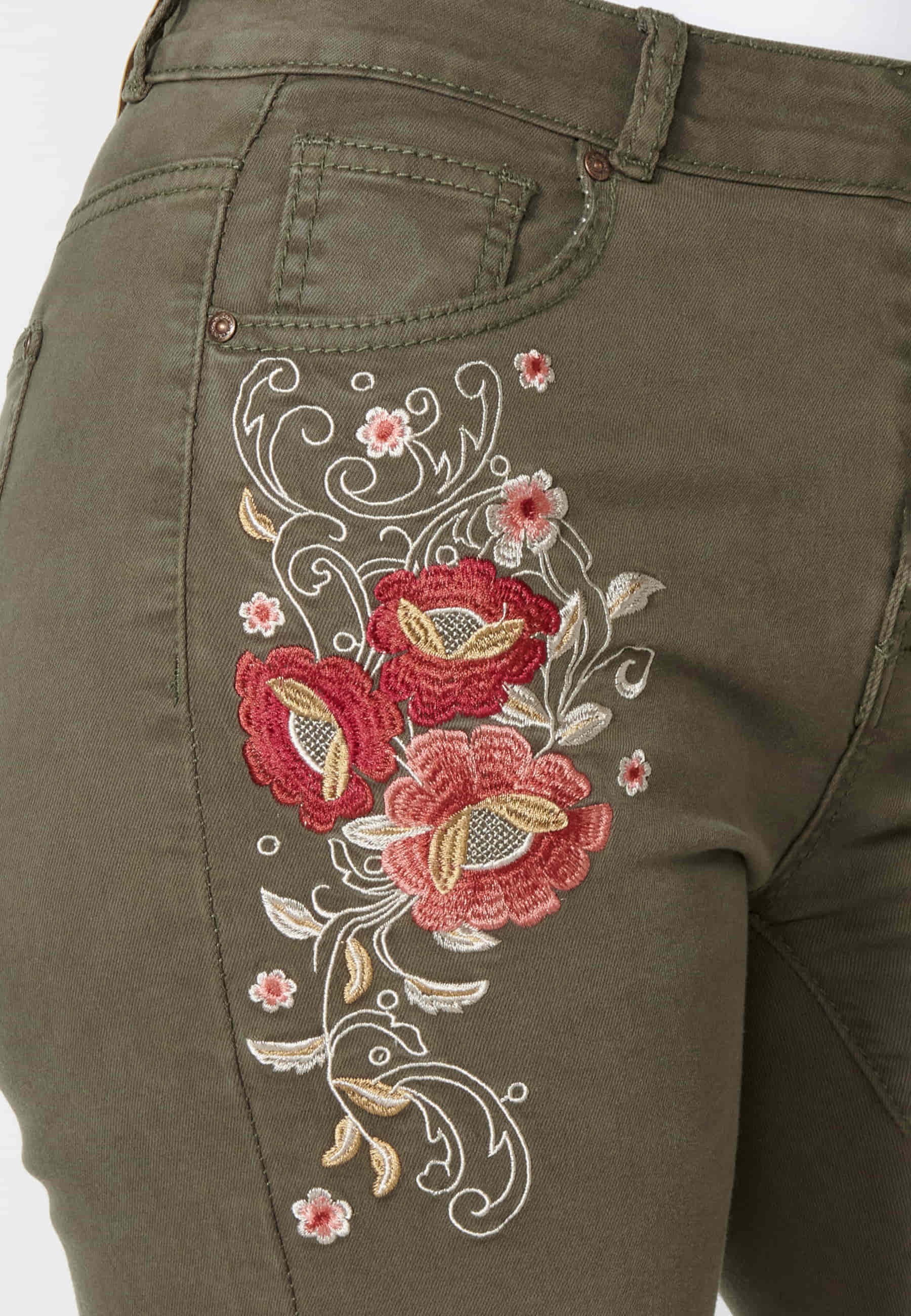 Khaki floral embroidered shorts for Women