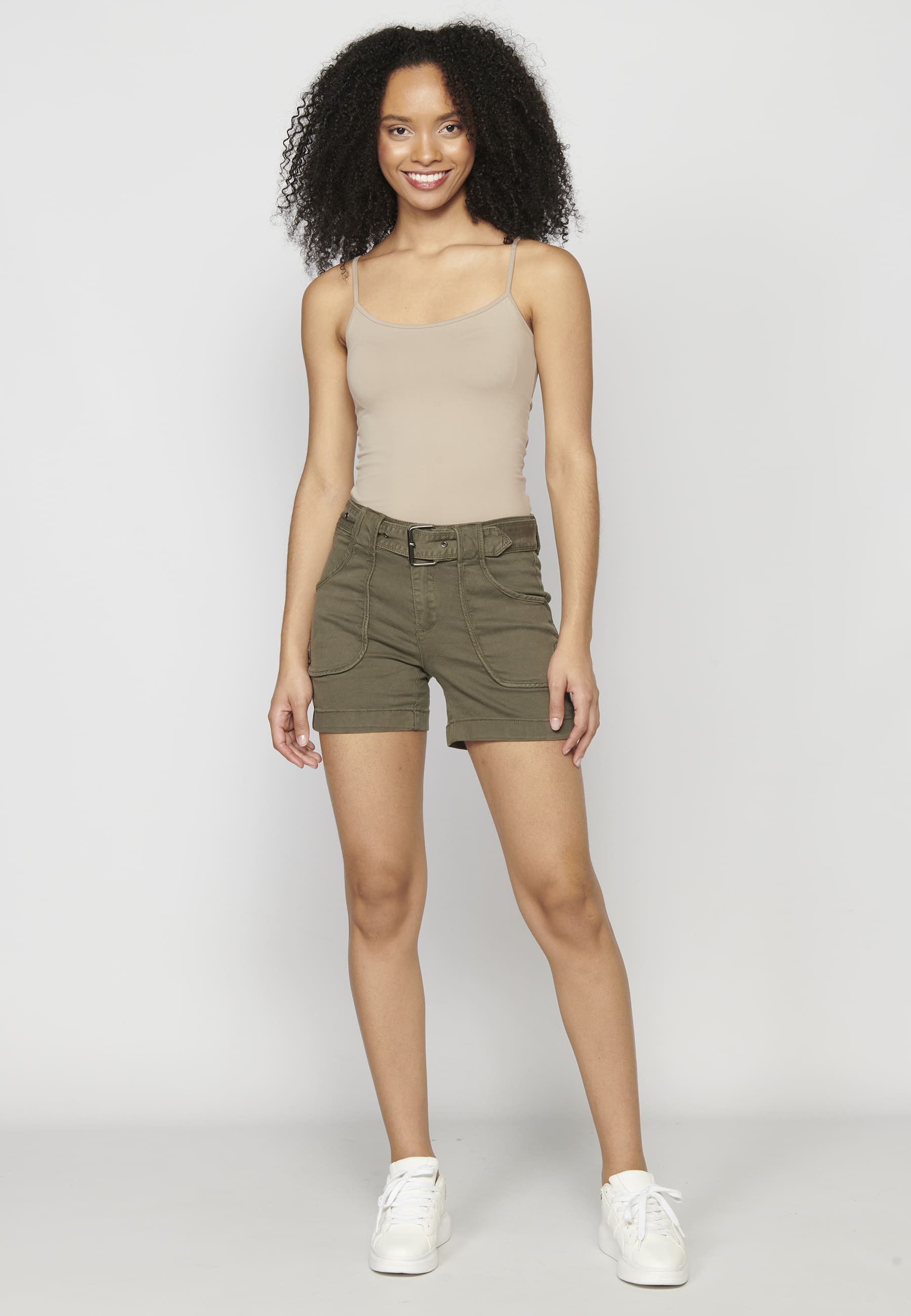 Khaki shorts with button and belt for Woman