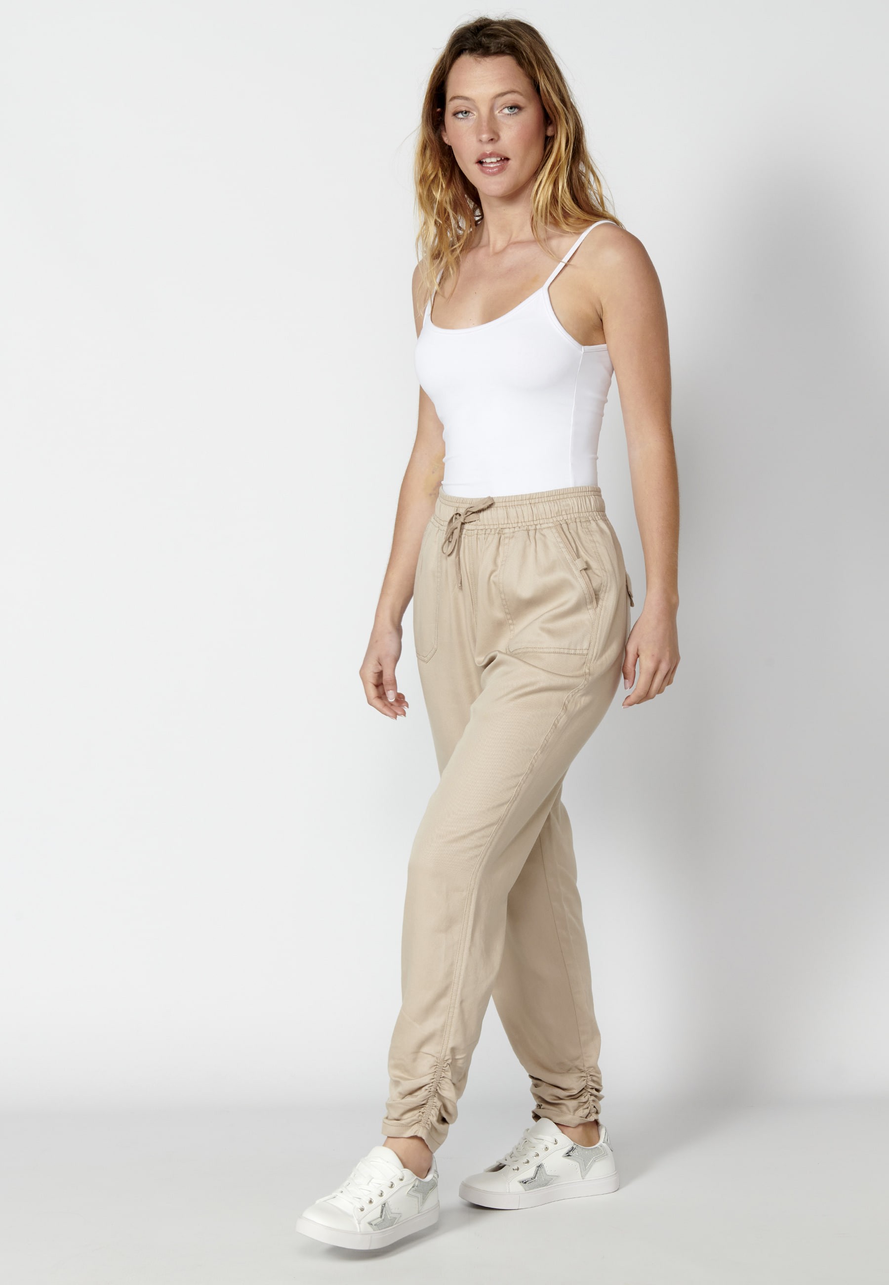 Long pants with adjustable waist in Beige color for Woman