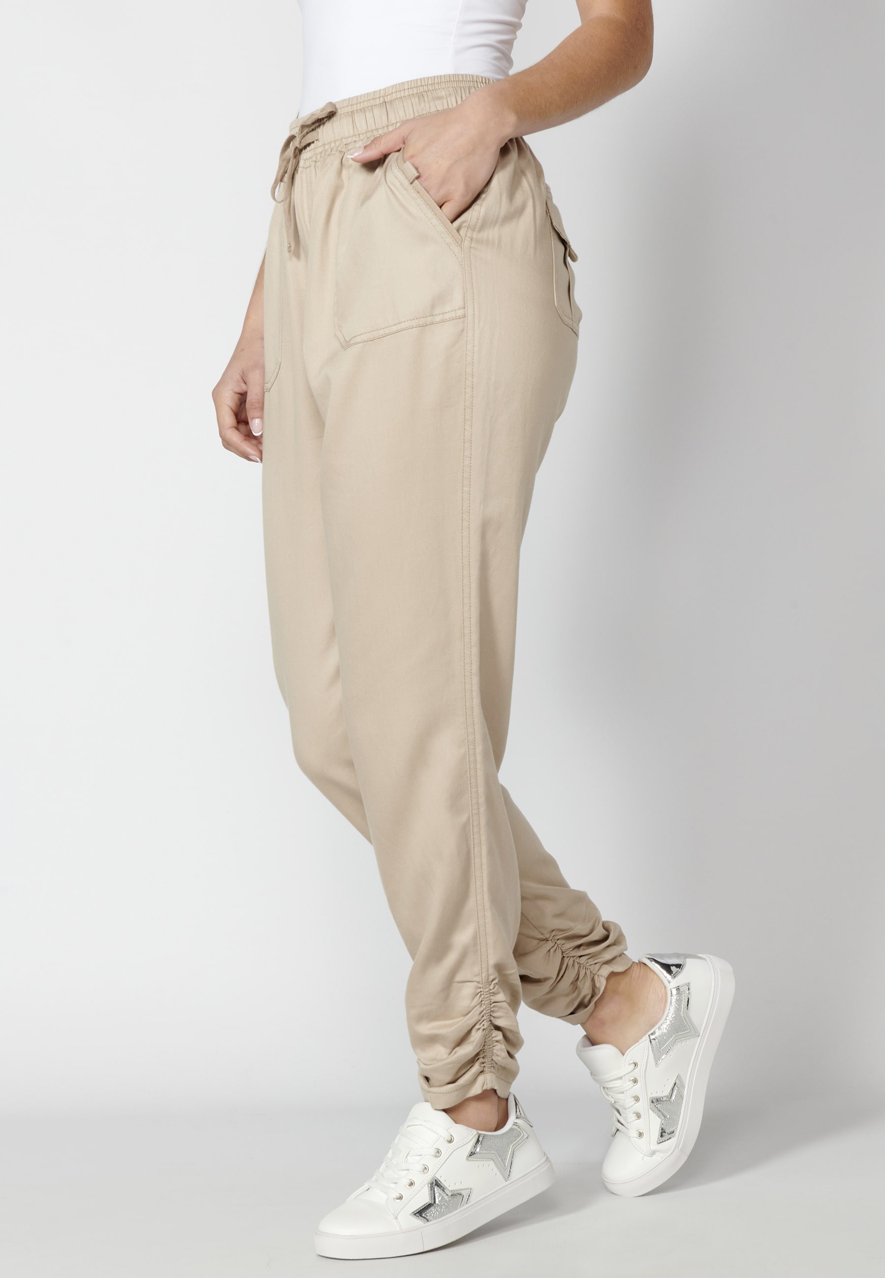 Long pants with adjustable waist in Beige color for Woman