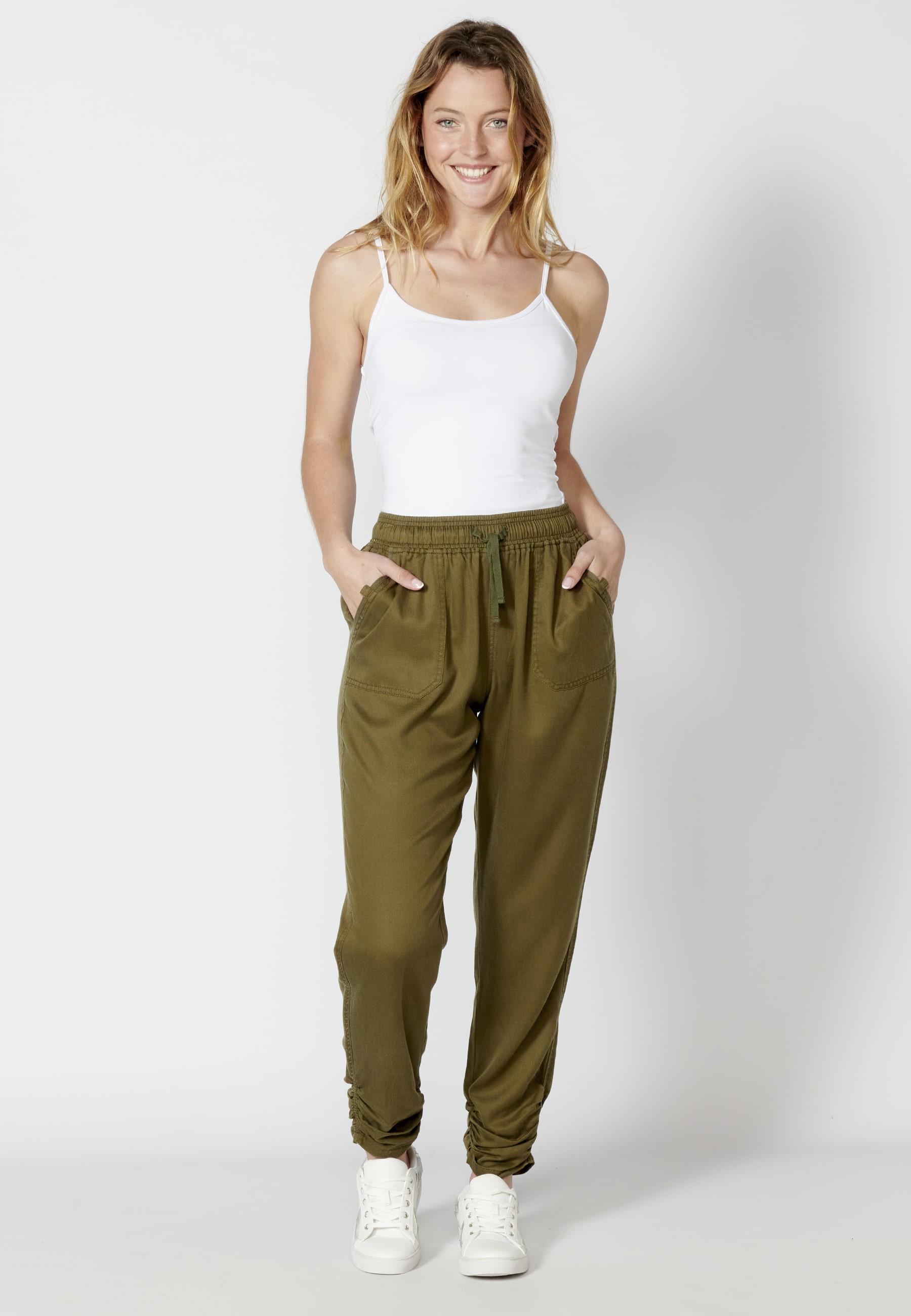 Pantalón largo straigth con cintura ajustable color Kaki para Mujer