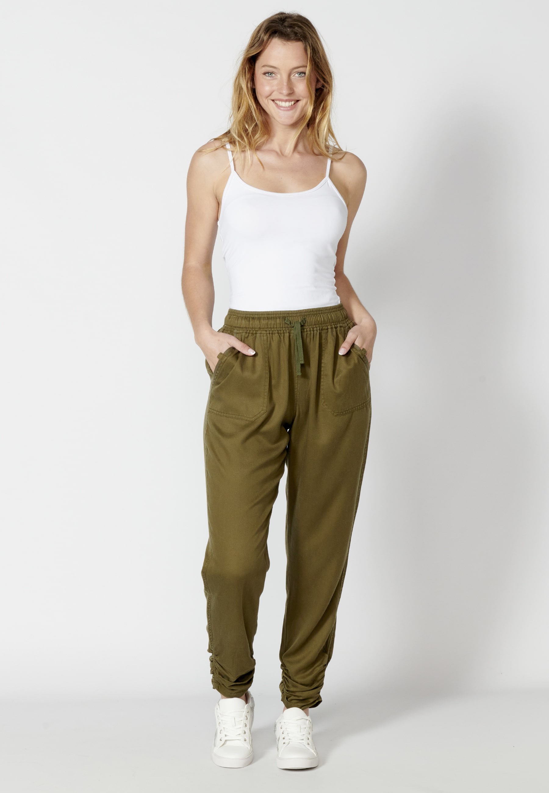 Lange Hose mit verstellbarer Taille Farbe Khaki für Damen