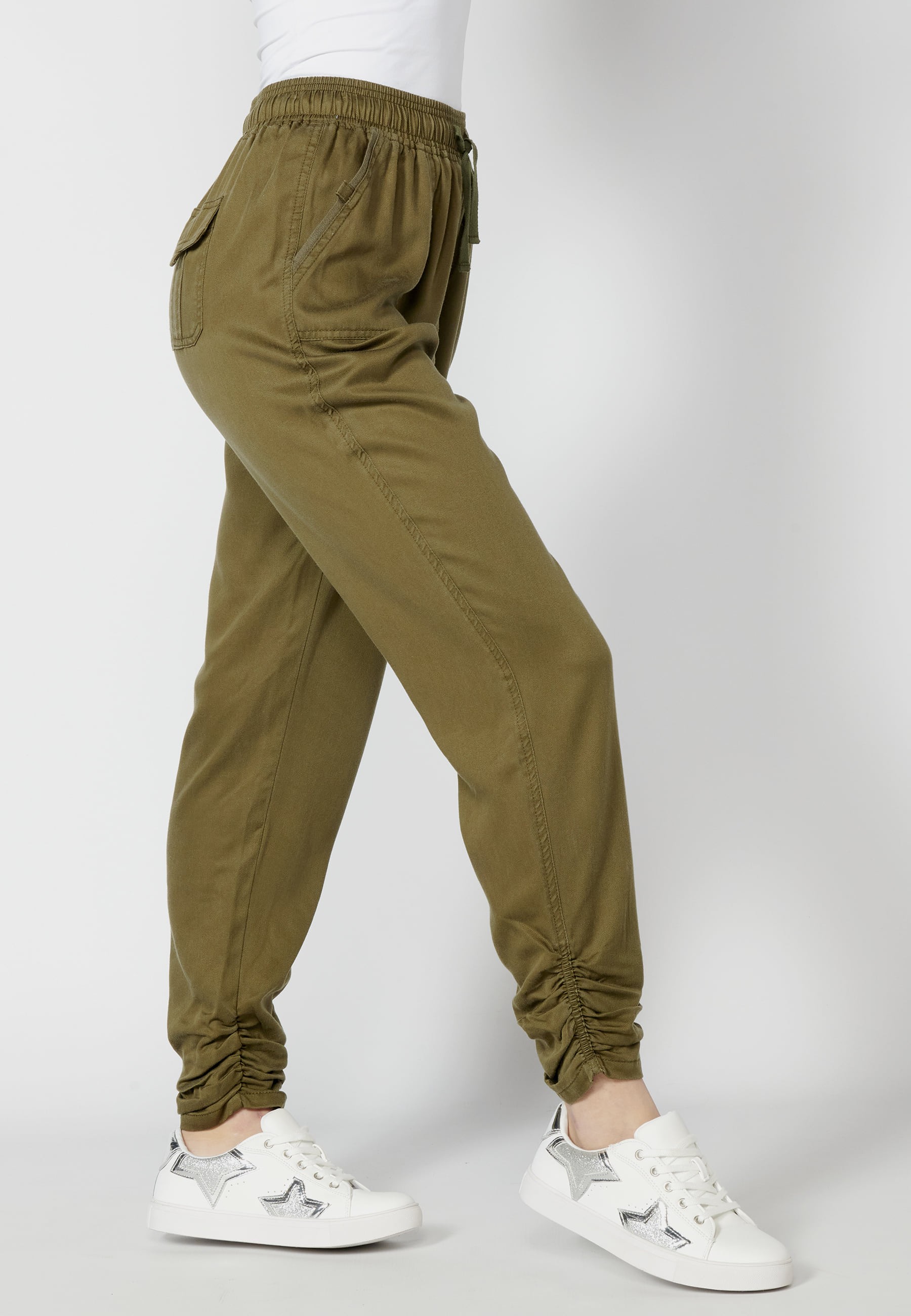 Pantalons llargs amb cintura ajustable color Kaki per a Dona 4