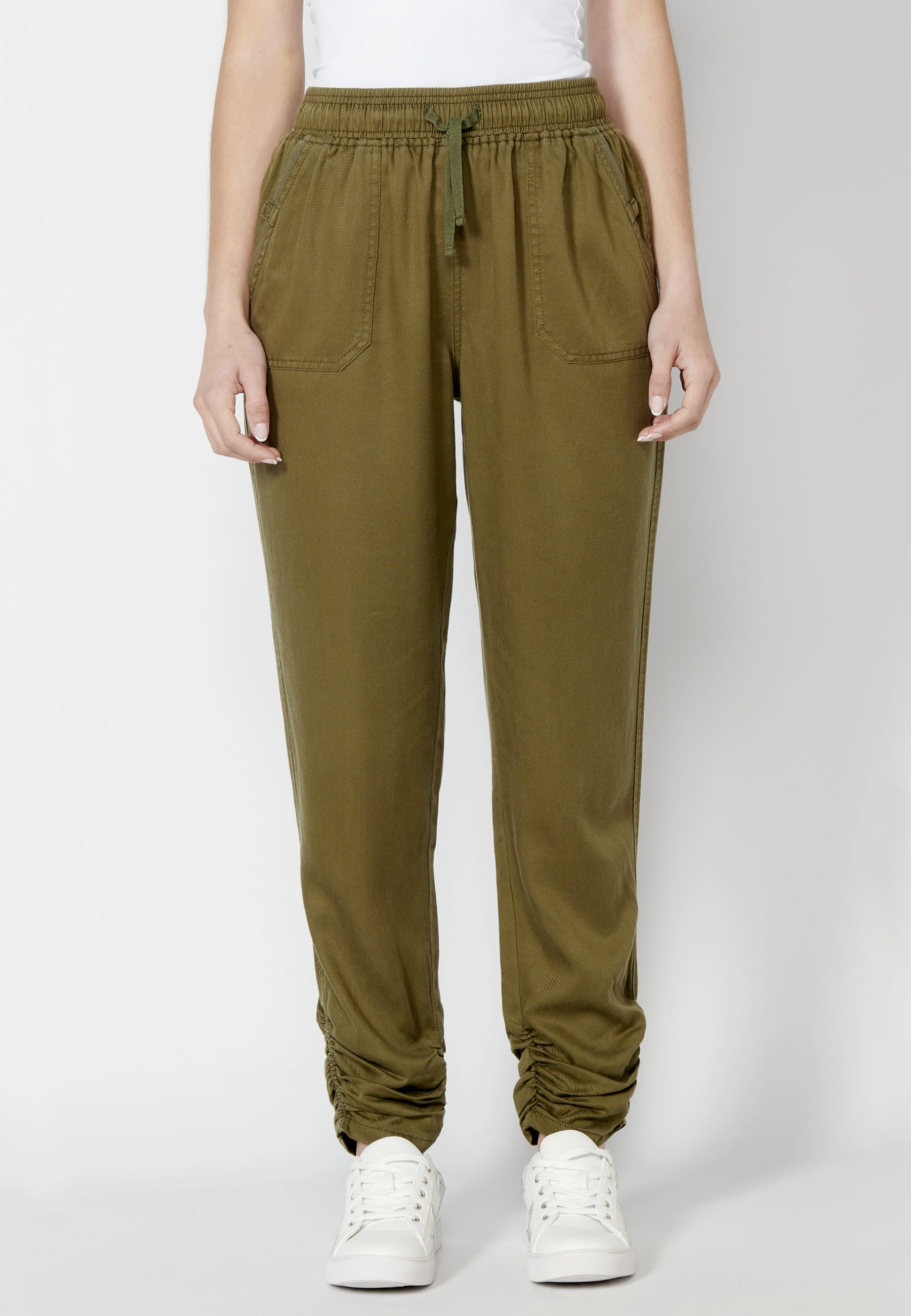 Lange Hose mit verstellbarer Taille Farbe Khaki für Damen 5