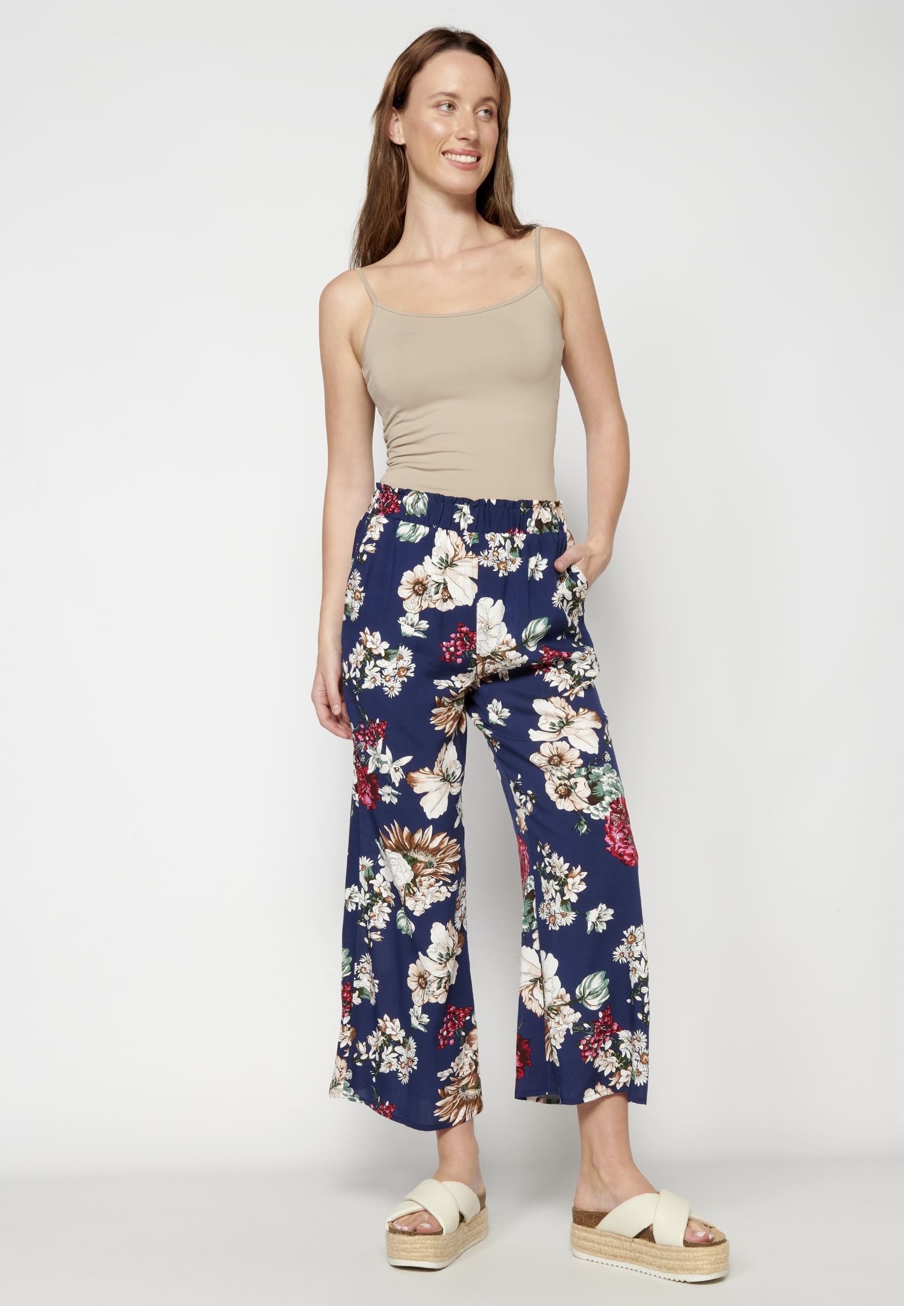 Navy floral print long fluid pants for Woman