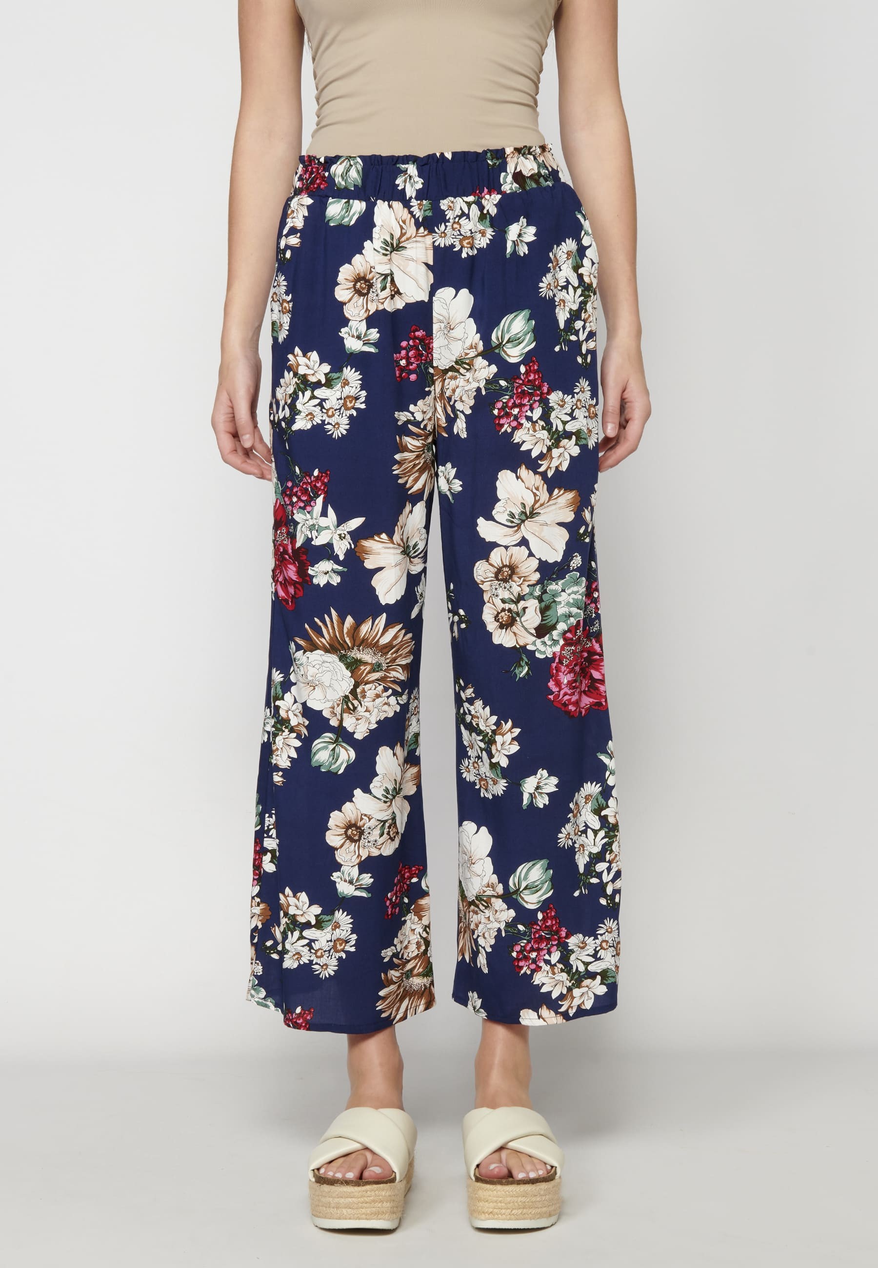 Pantalón largo fluido straigth estampado floral color Navy para Mujer