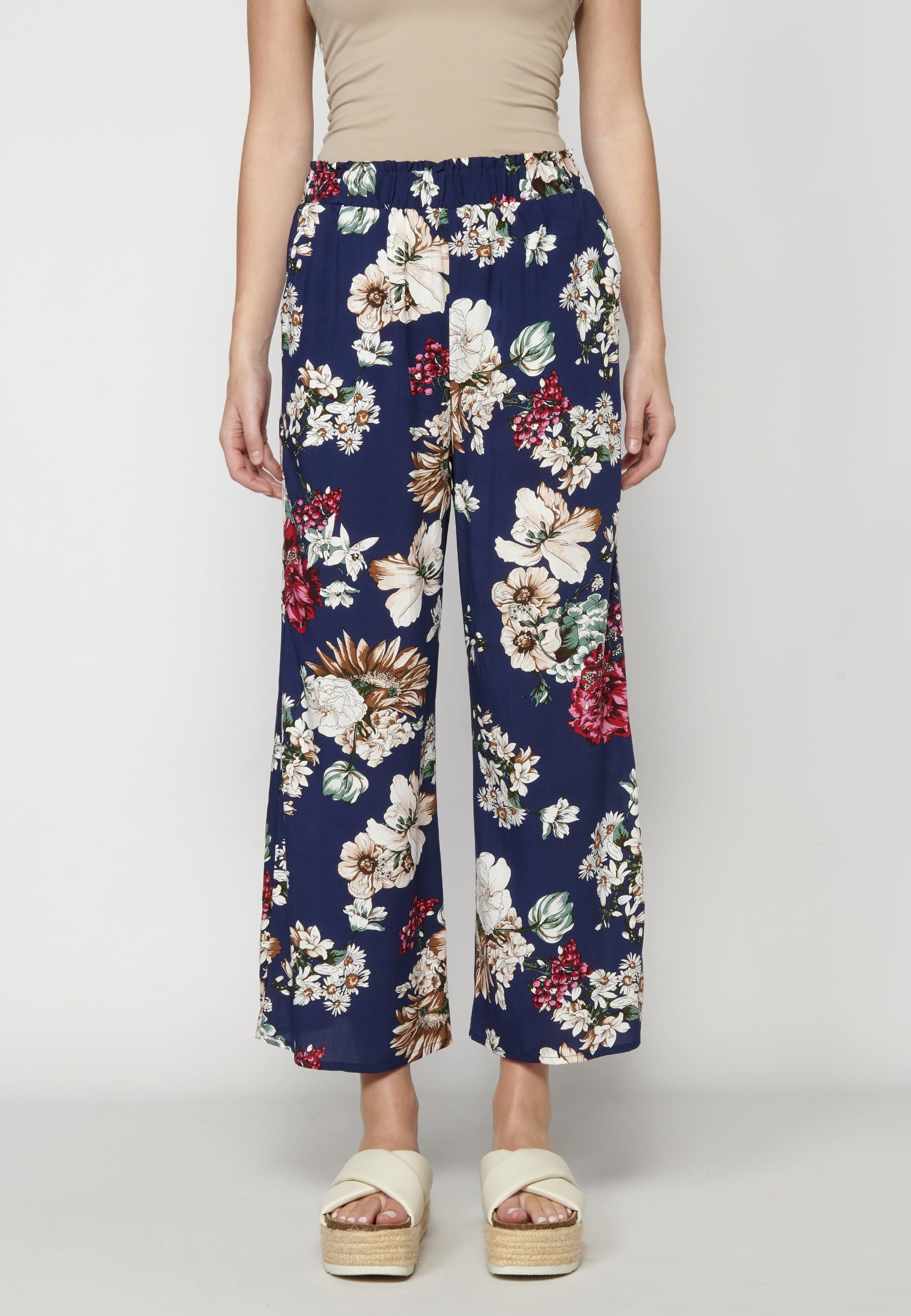 Navy floral print long fluid pants for Woman