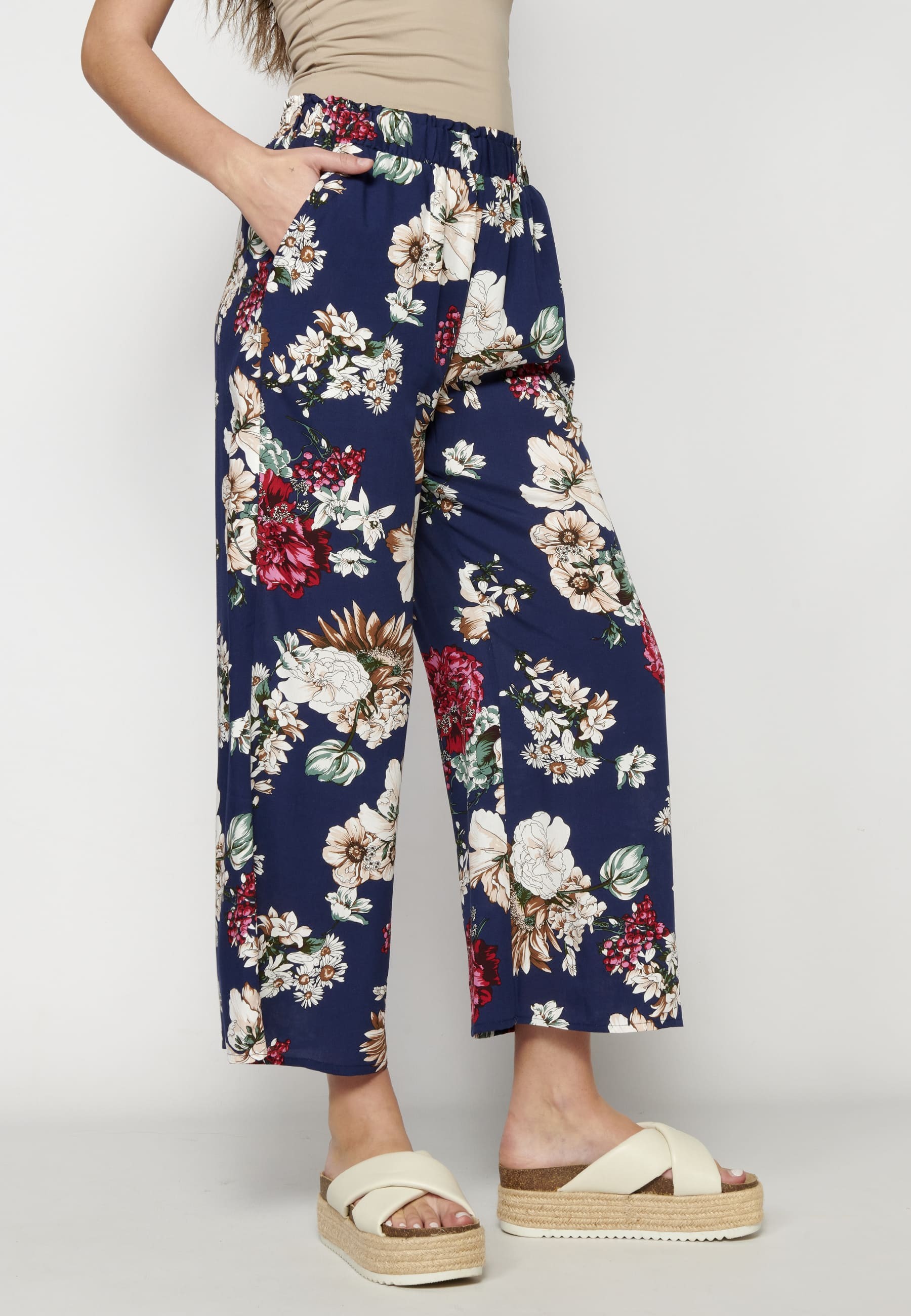 Navy floral print long fluid pants for Woman