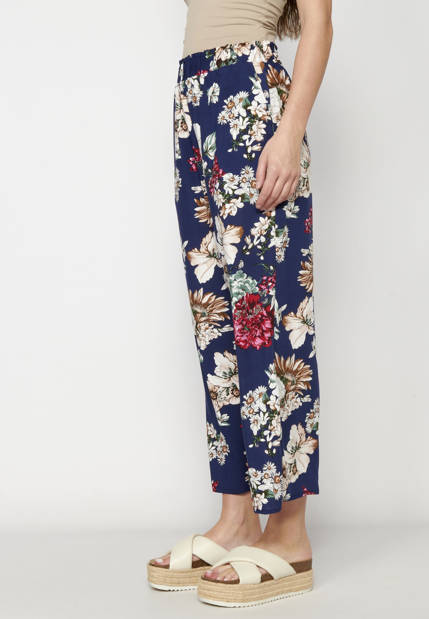Navy floral print long fluid pants for Woman