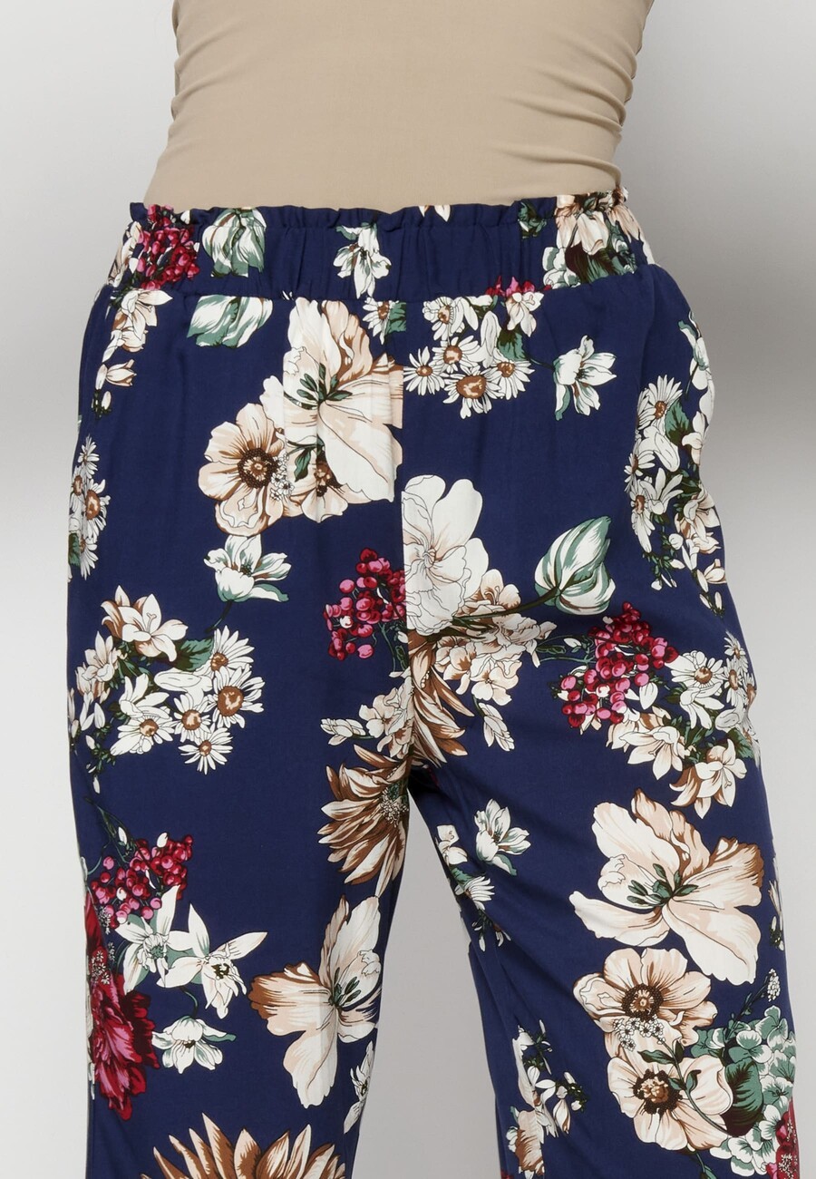 Navy floral print long fluid pants for Woman 6