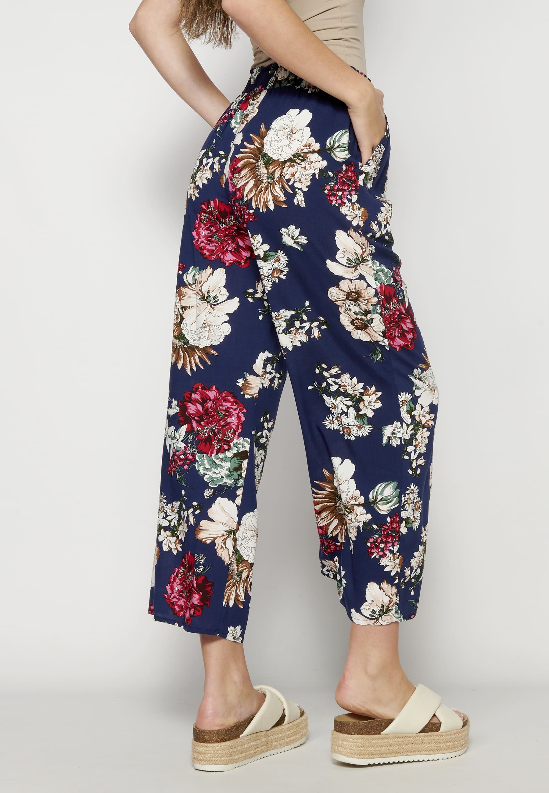 Navy floral print long fluid pants for Woman