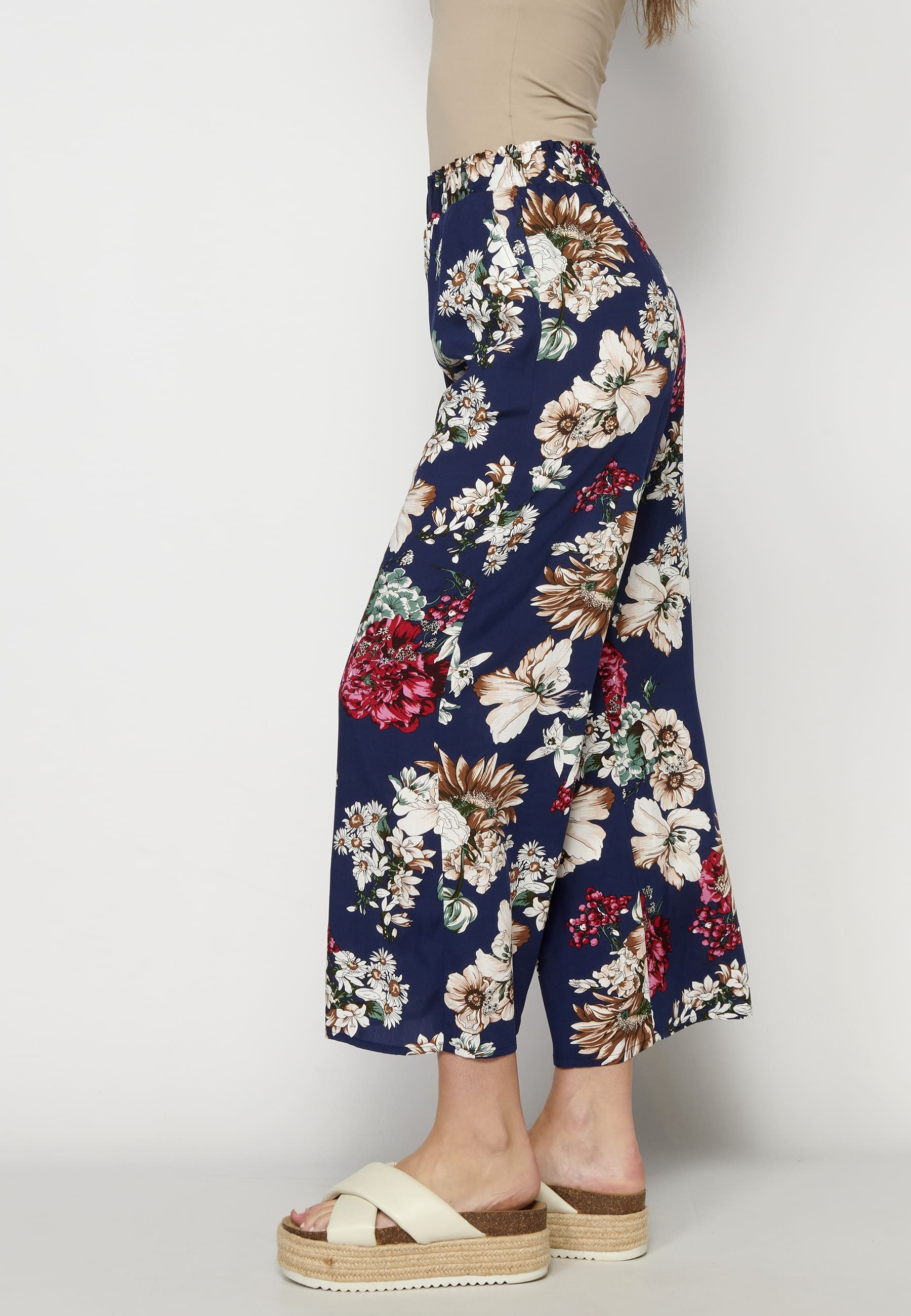 Navy floral print long fluid pants for Woman